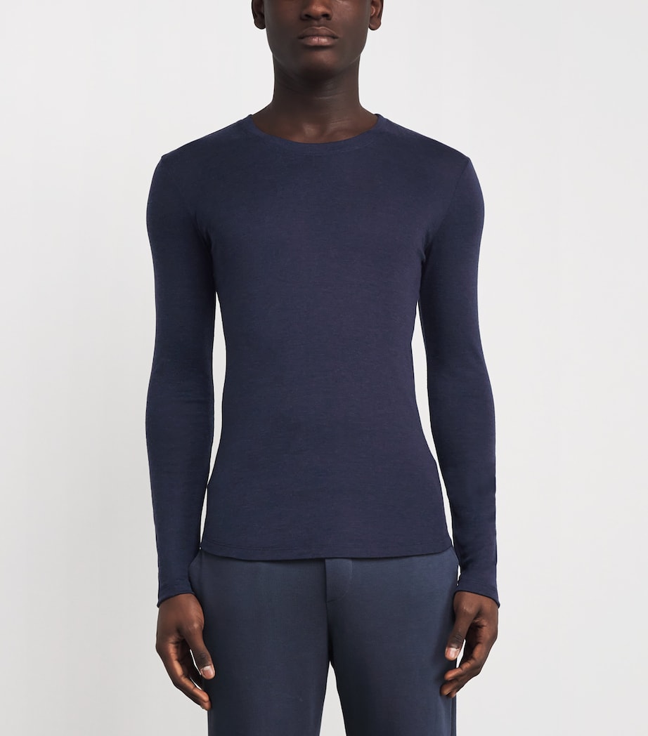 Hanro Mens Cotton Living Long-Sleeve T-Shirt Deep Navy Image 3