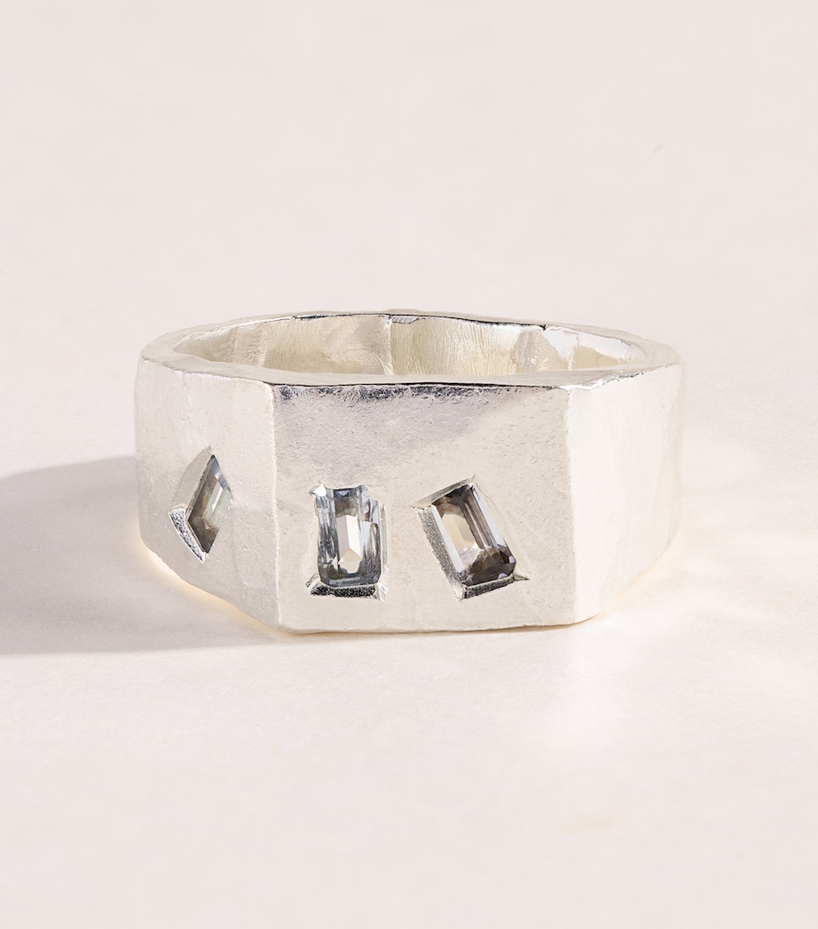 THE OUZE Sterling Silver and Aquamarine Tri Signet Ring Silver/aqua Image 1