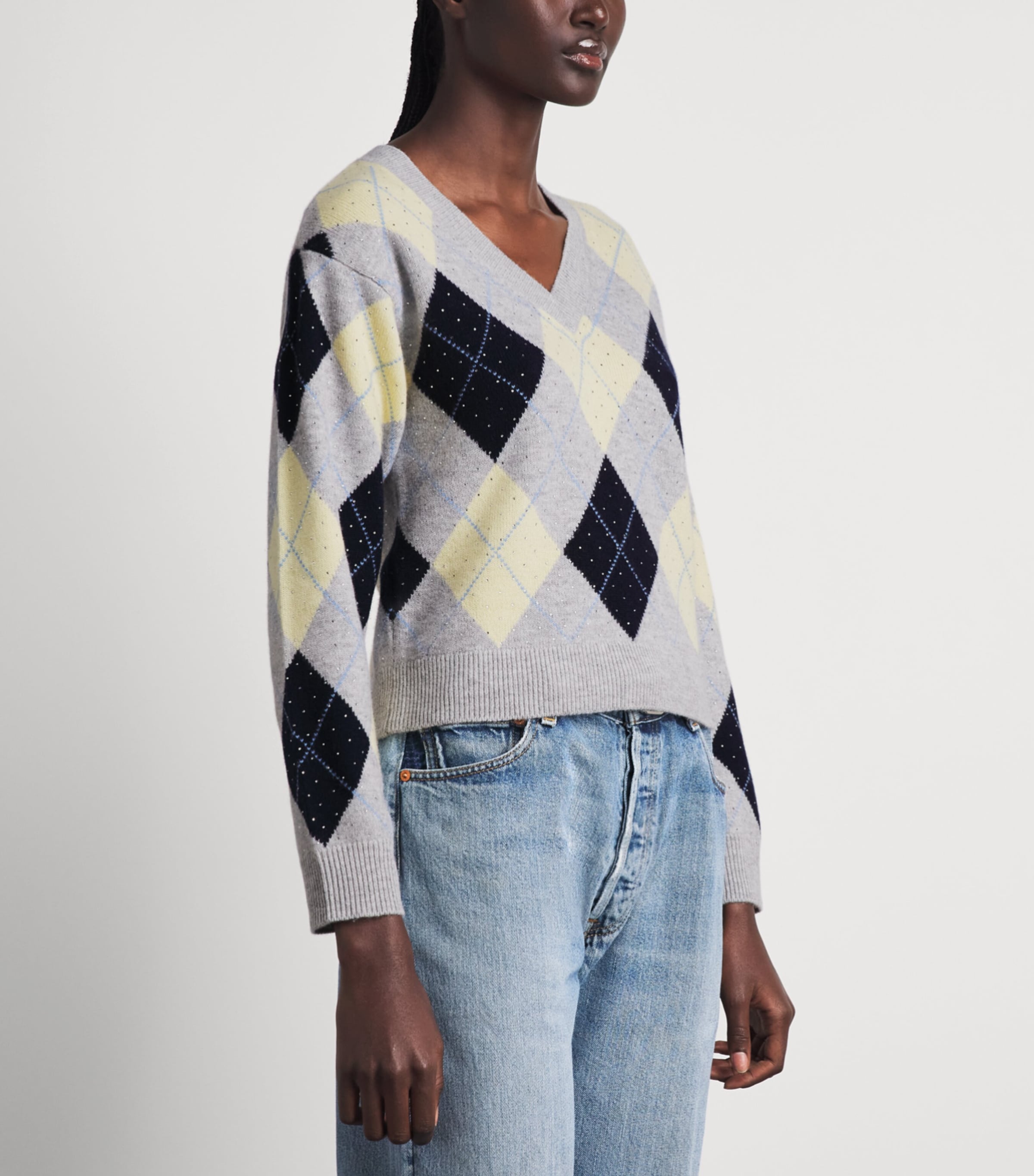 Sandro Paris Womens Wool Embellished Argyle Sweater Grey / Yellow Image 4