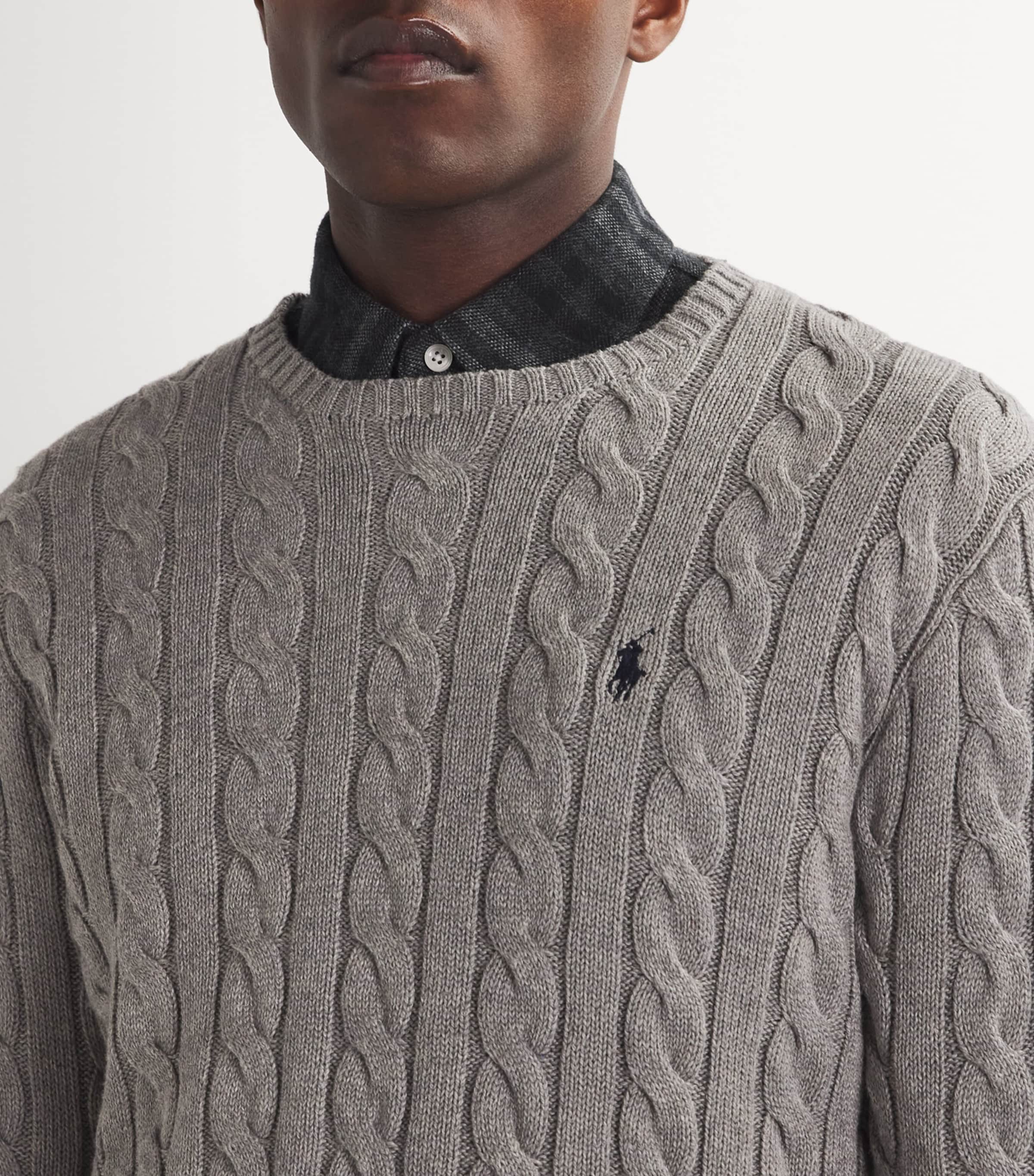 Polo Ralph Lauren Grey Cable-Knit Polo Logo Sweater | Harrods US