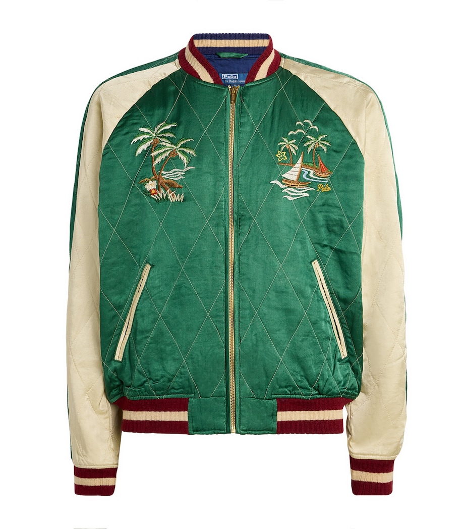 Polo Ralph Lauren Mens Satin Quilted Bomber Jacket Green/beig Image 1