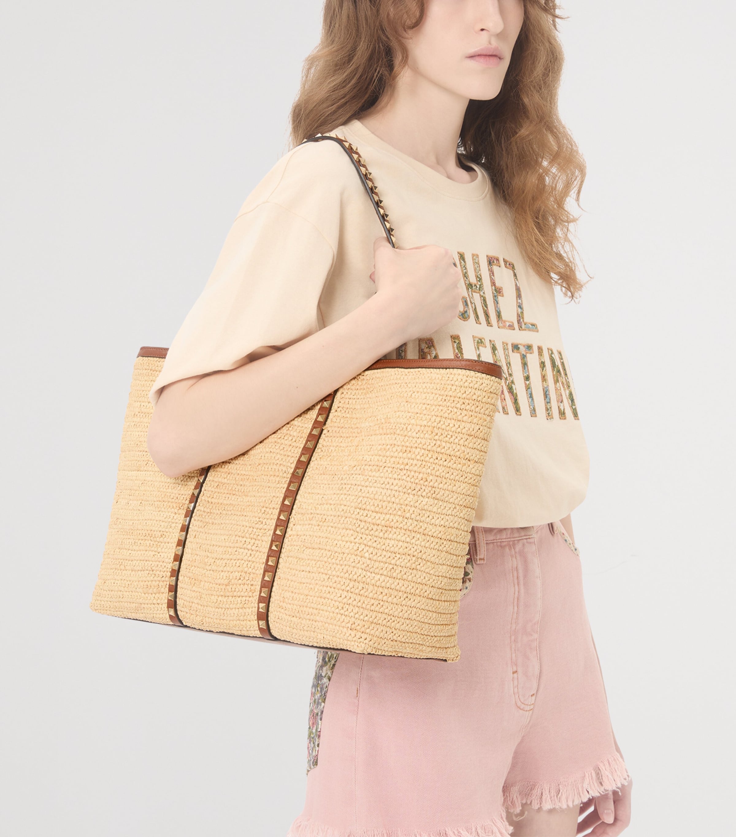 Valentino Garavani Large Straw Rockstud Tote Bag Image 5