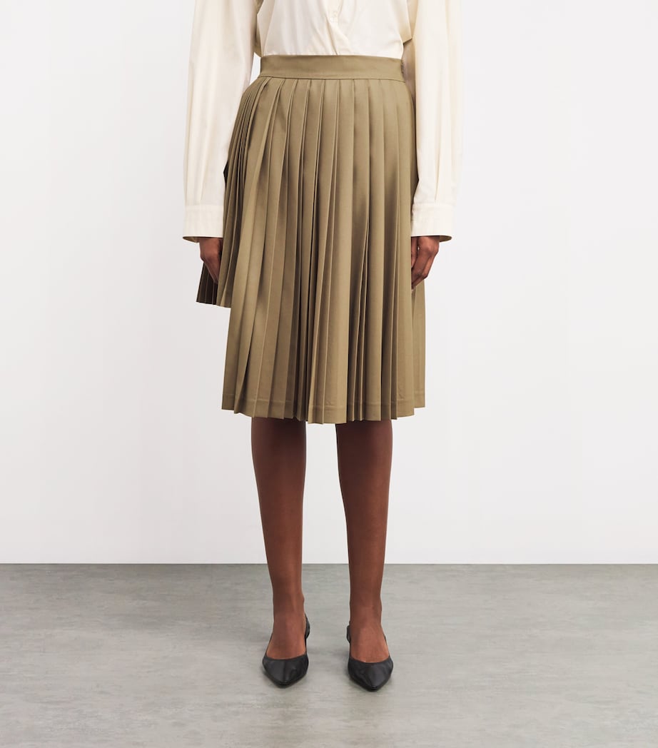 Laura Pitharas Womens Virgin Wool Pleated Midi Skirt Khaki Image 3