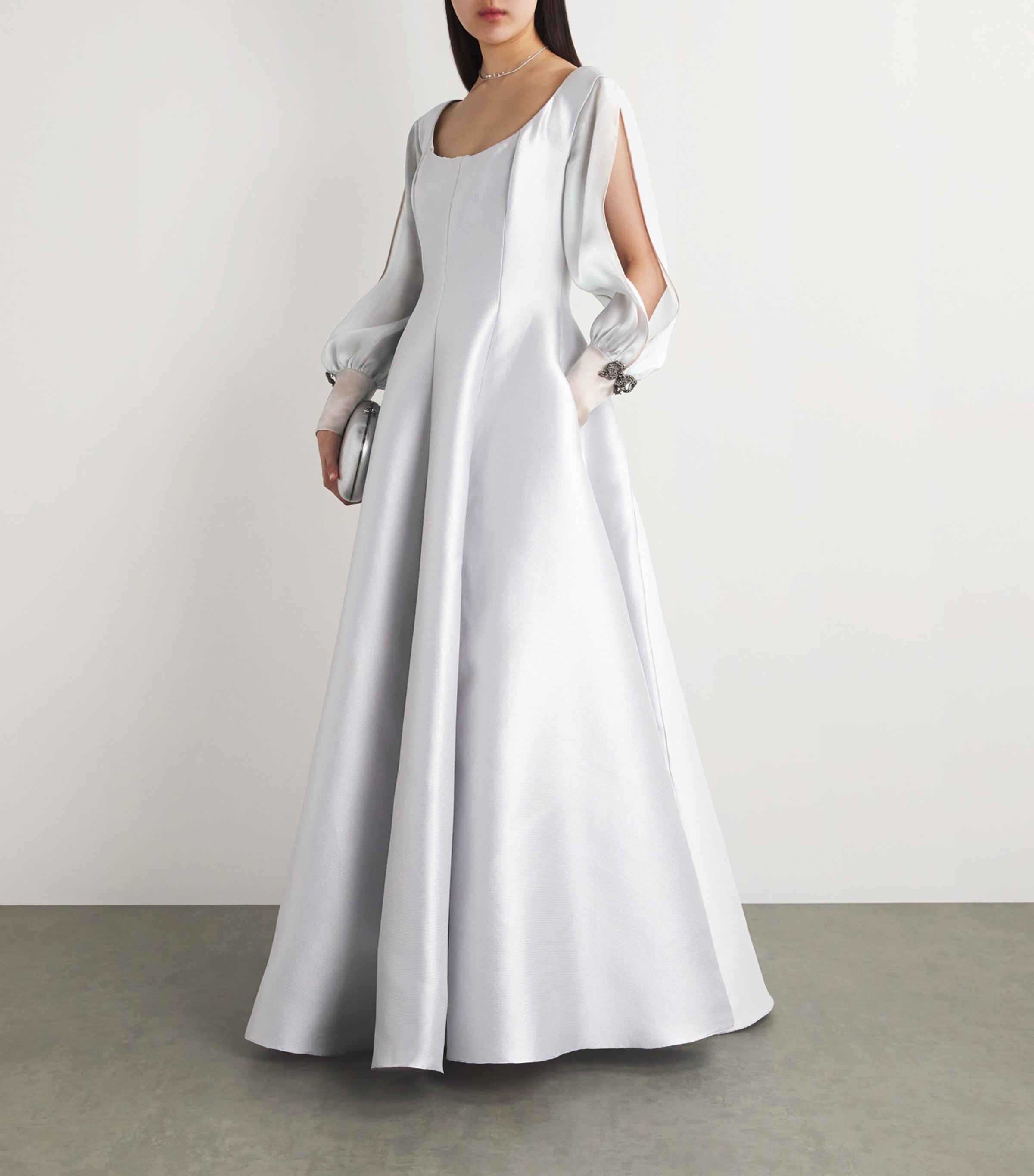 Piqué Organza-Sleeve Gown 71/GREY Image 2