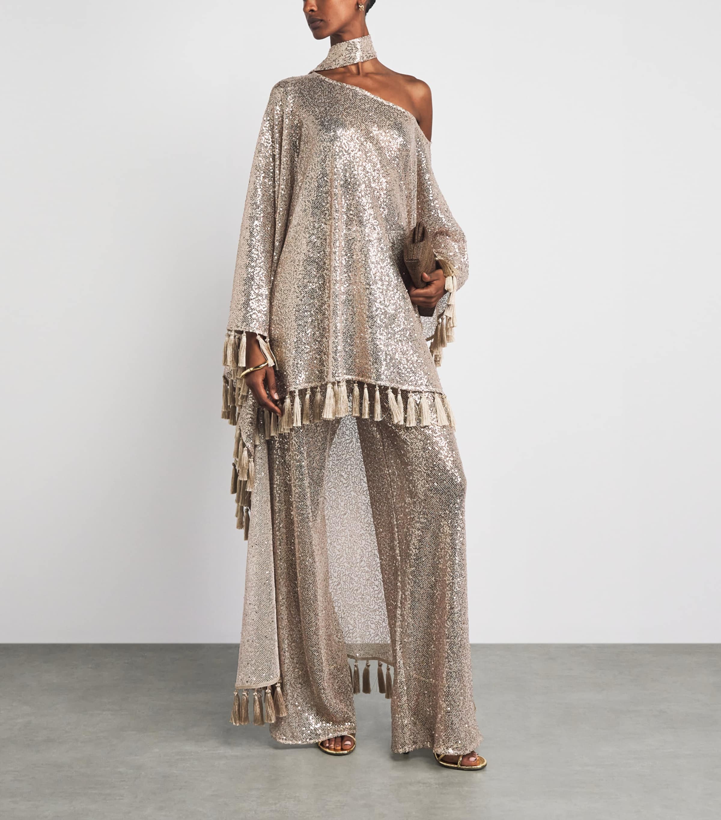 Taller Marmo Womens Sequin Marlene Disco Trousers White Sand Image 2