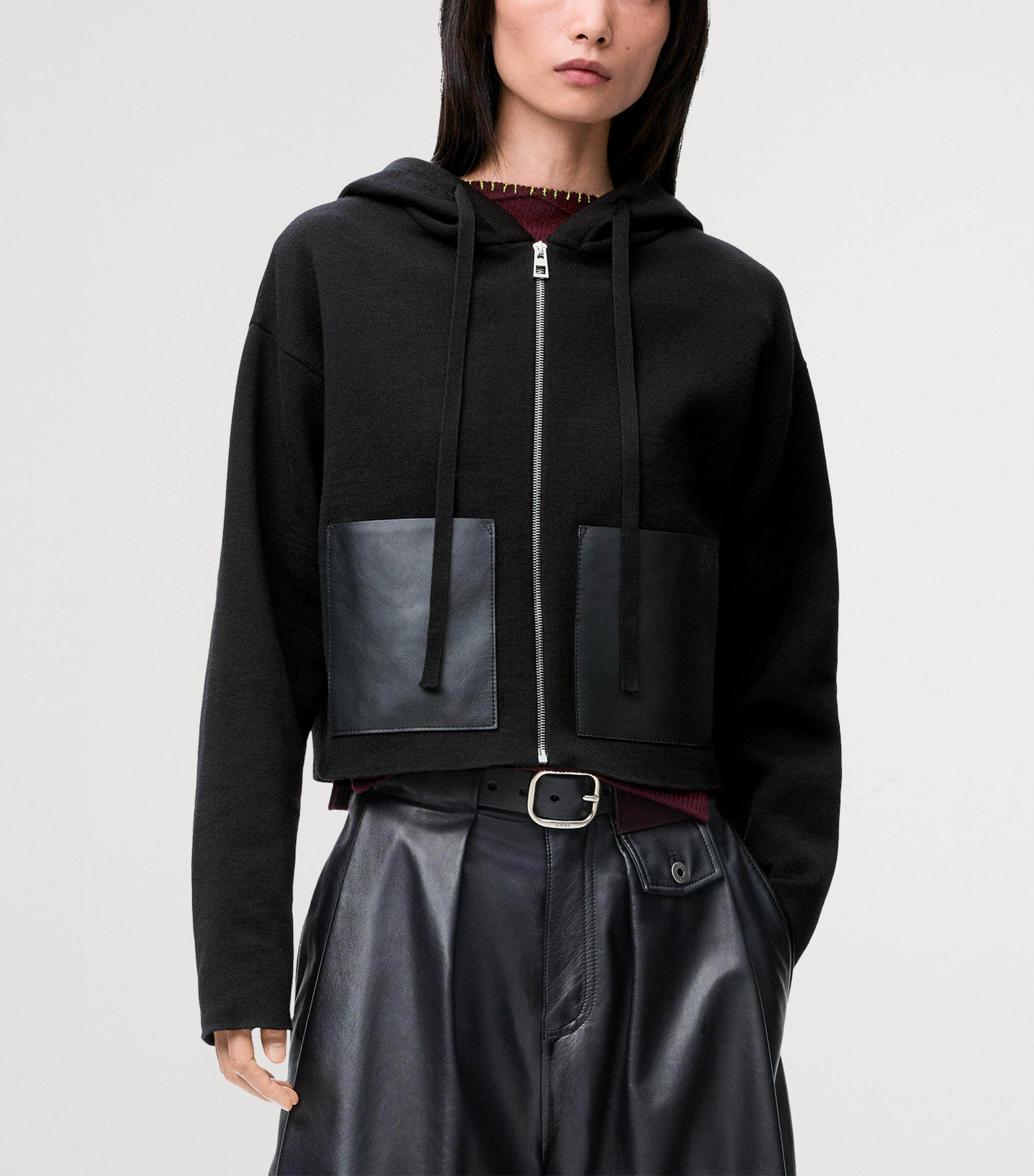 Wool Leather-Pocket Hoodie BLACK Image 3