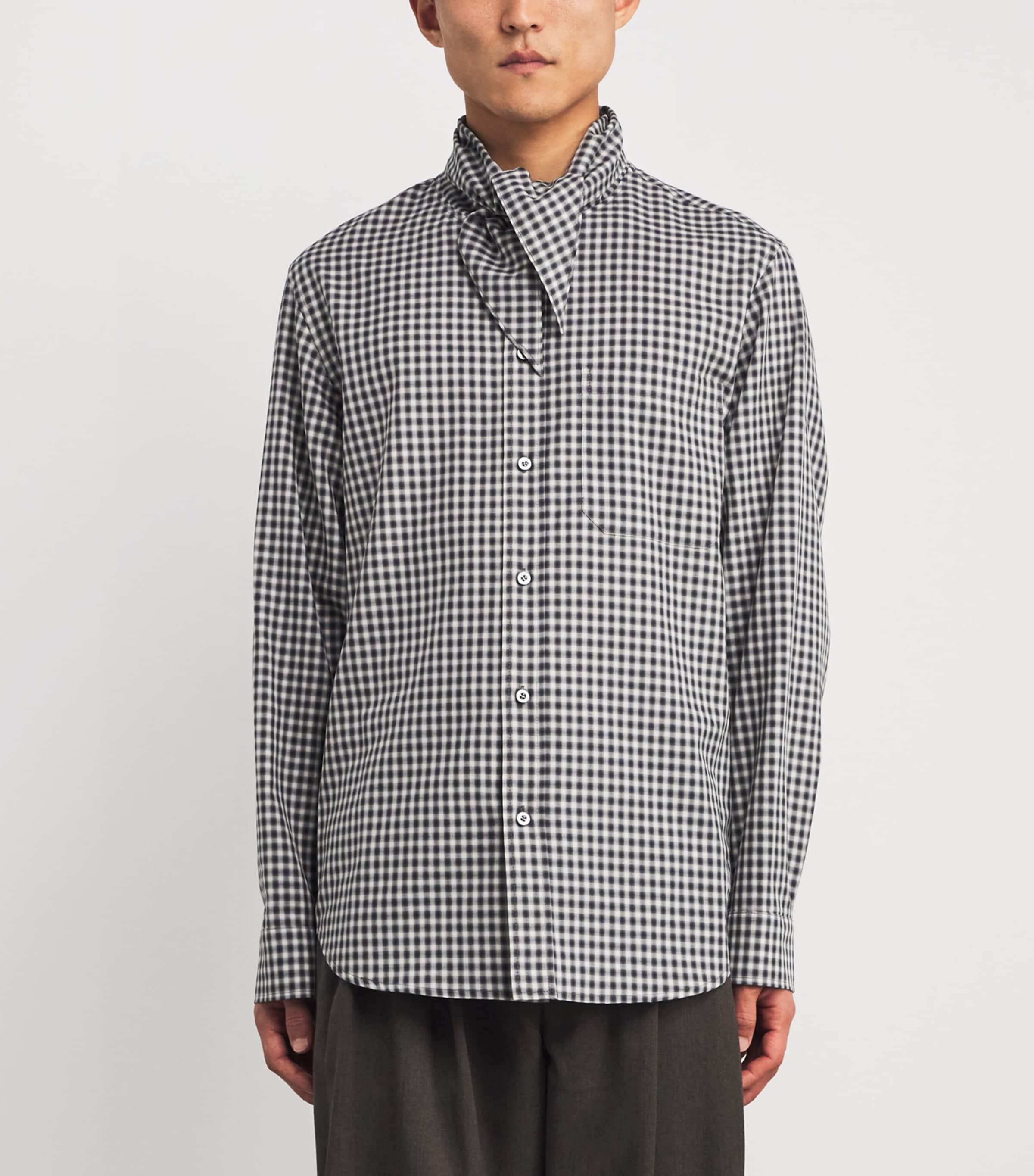 Cotton Scarf-Collar Check Shirt DARK NAVY DN Image 3