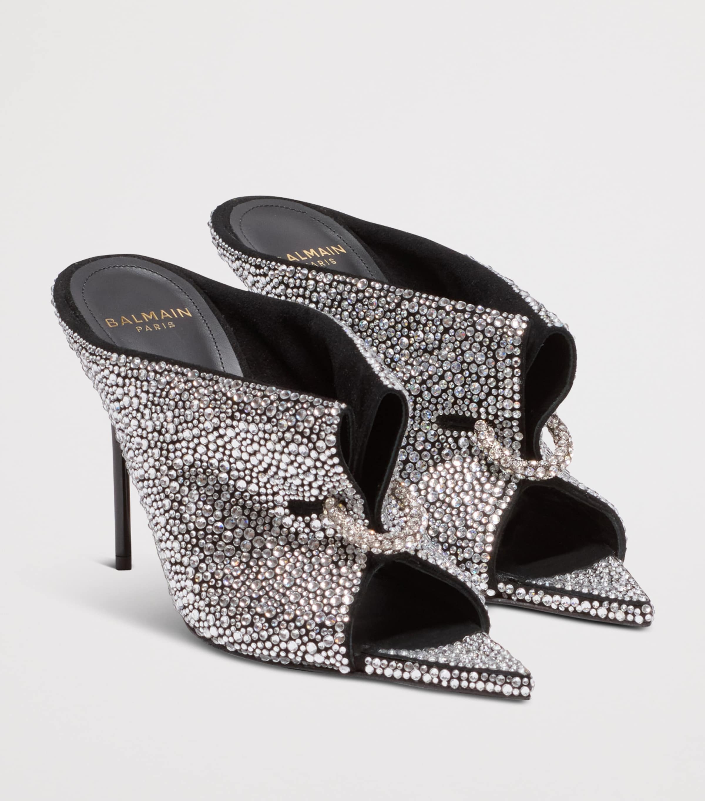 Balmain Leather Rhinestone-Embellished Pierced Heeled Mules 95 Eqo Noir/ Cristal Image 3