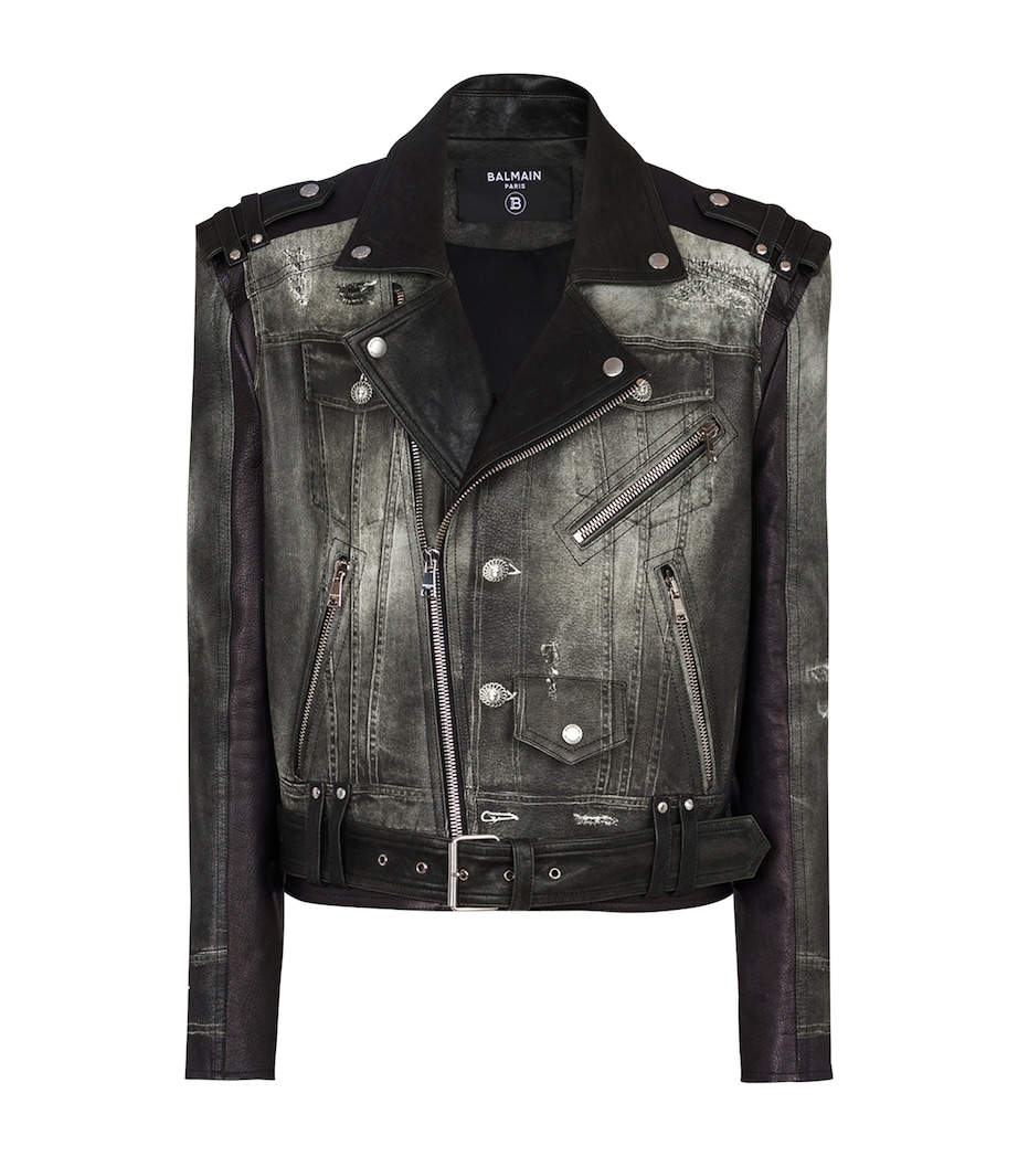 Balmain Mens Leather Denim Print Biker Jacker Yie Gris Denim/ Noir Image 1
