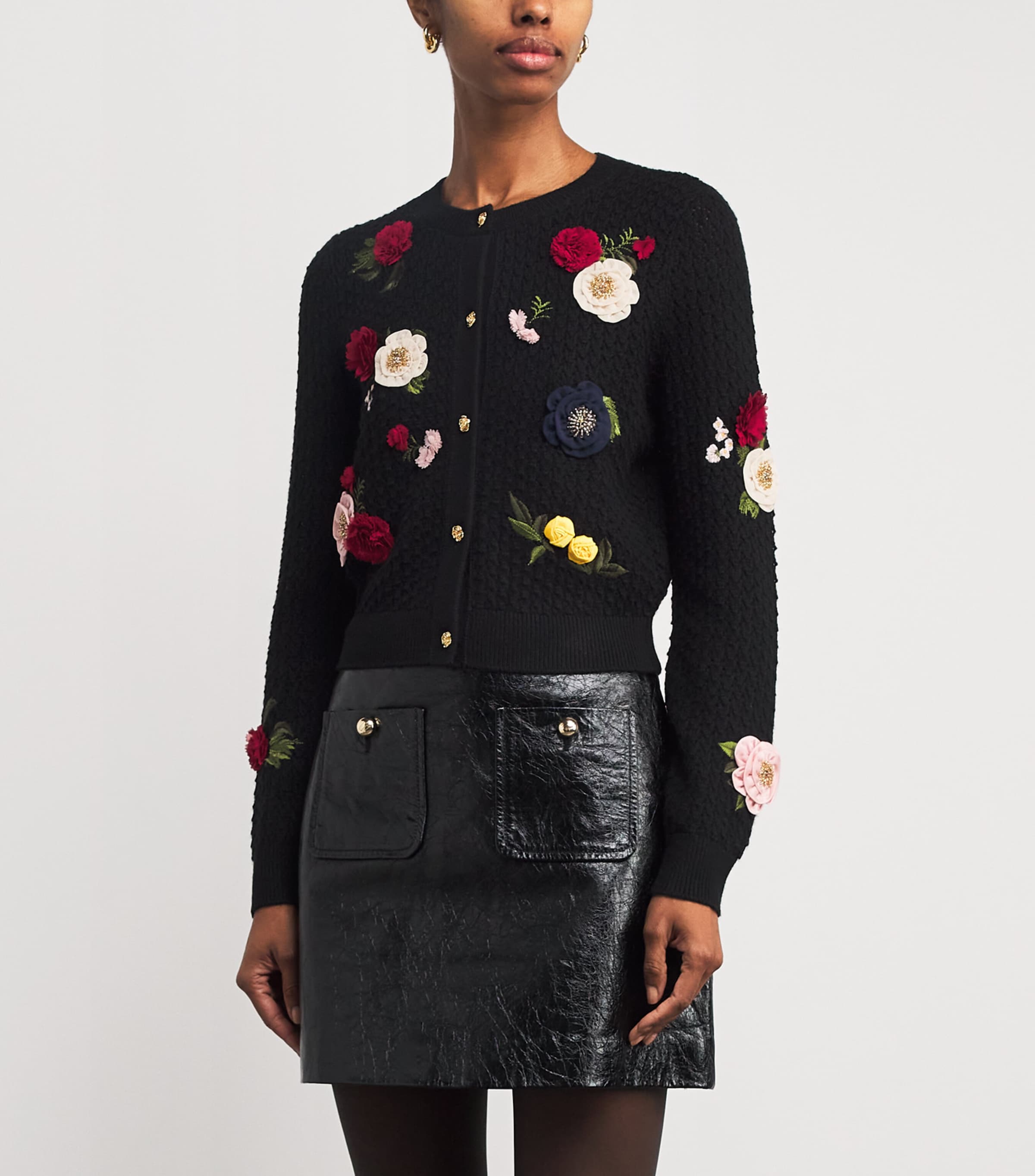 Wool Floral-Appliqué Carolee Cardigan A008 BLACK MULTI Image 3