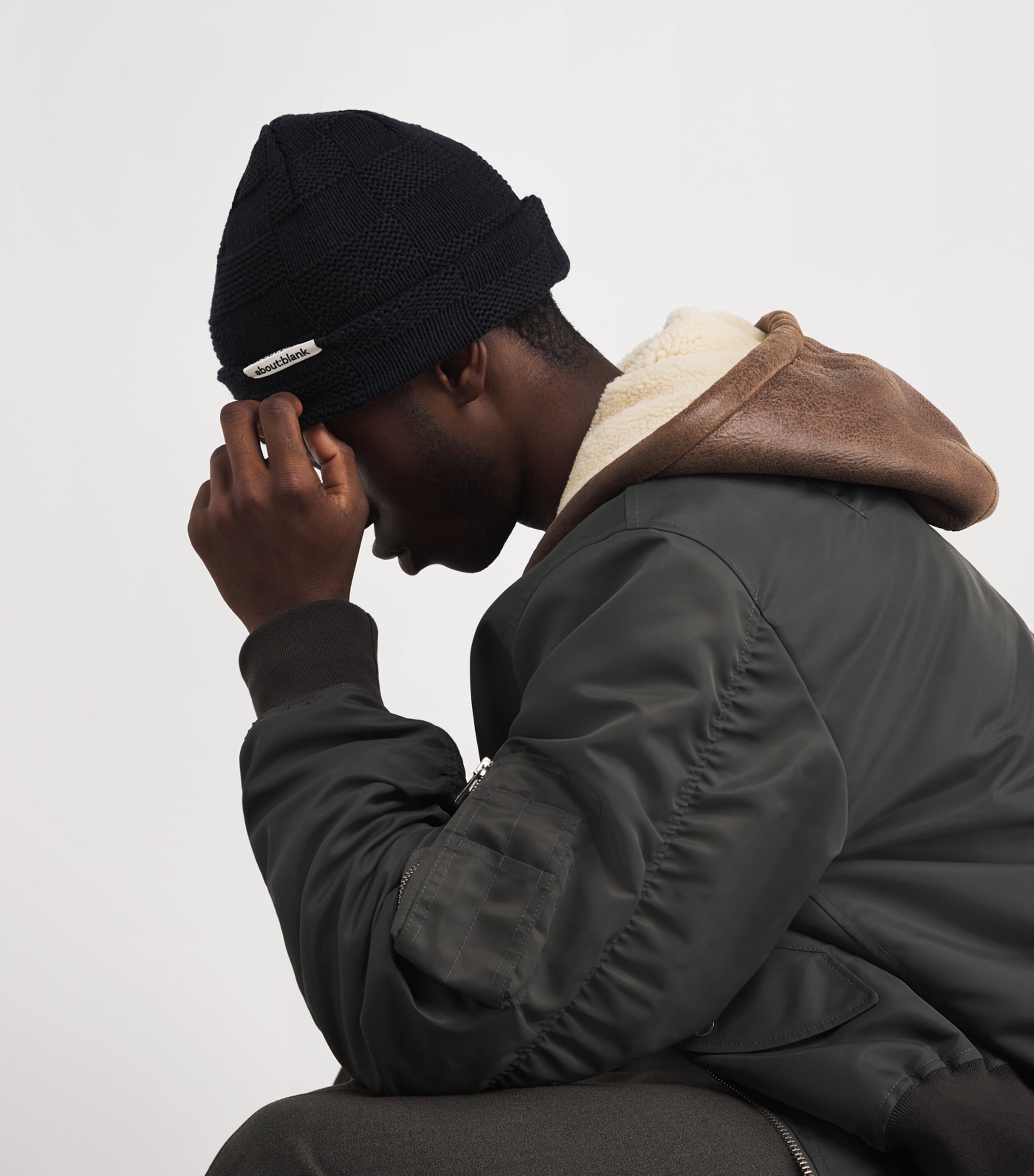 Cotton Knit Chequerboard Beanie BLACK Image 2