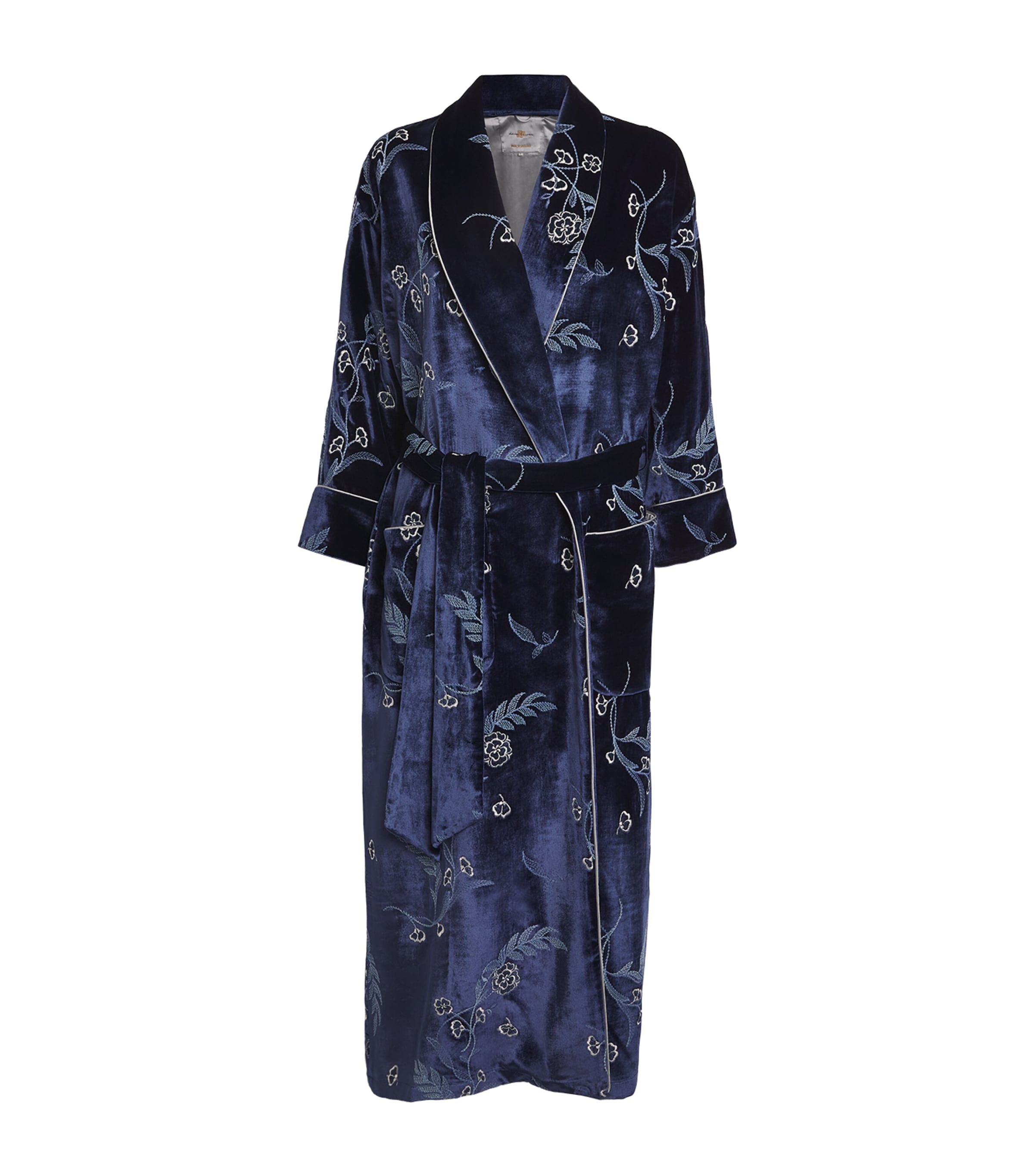 Daniel Hanson Velvet Embroidered Dahlia Robe In Navy