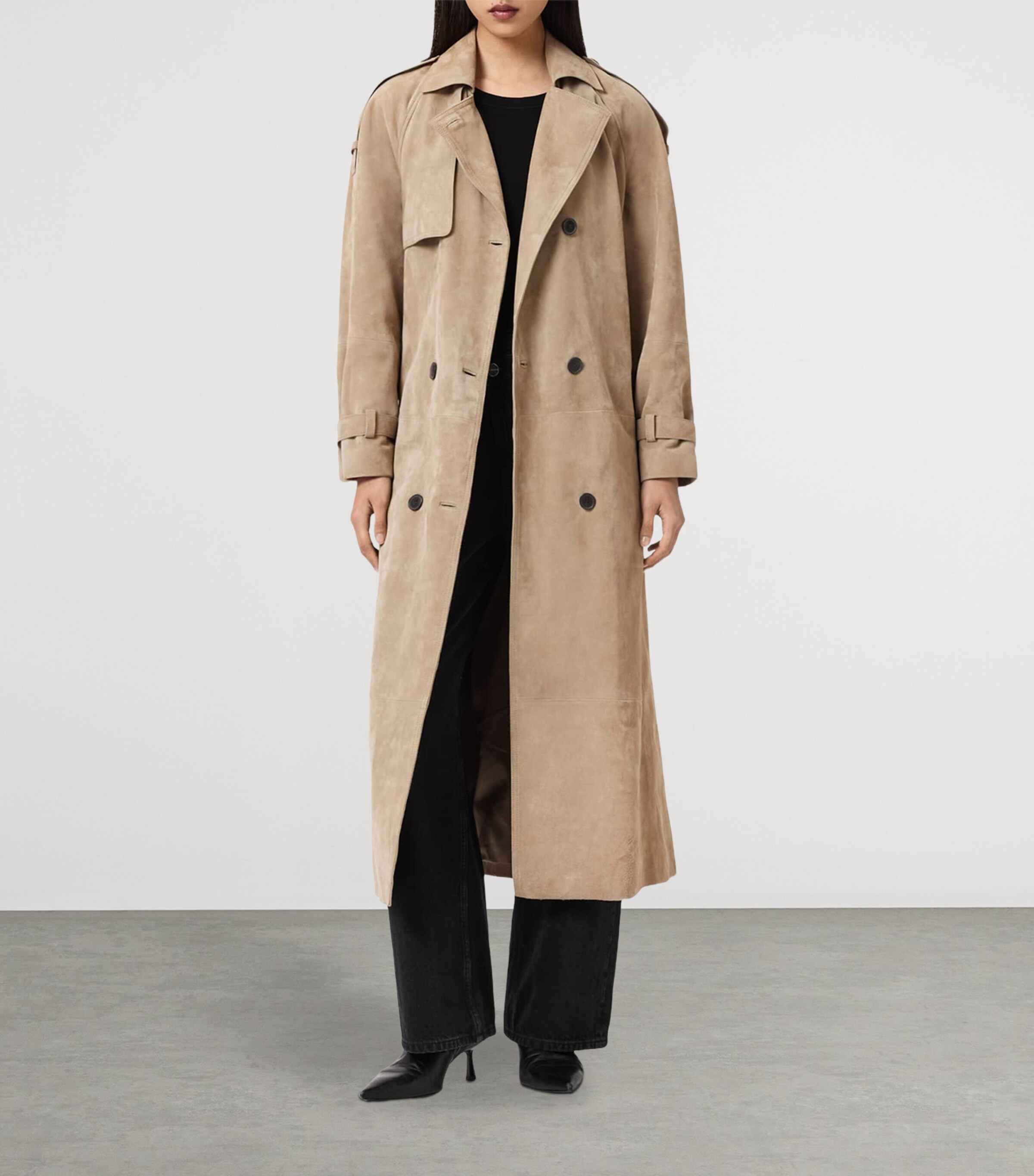 AllSaints Womens Suede Reed Trench Coat Taupe Brown Image 2