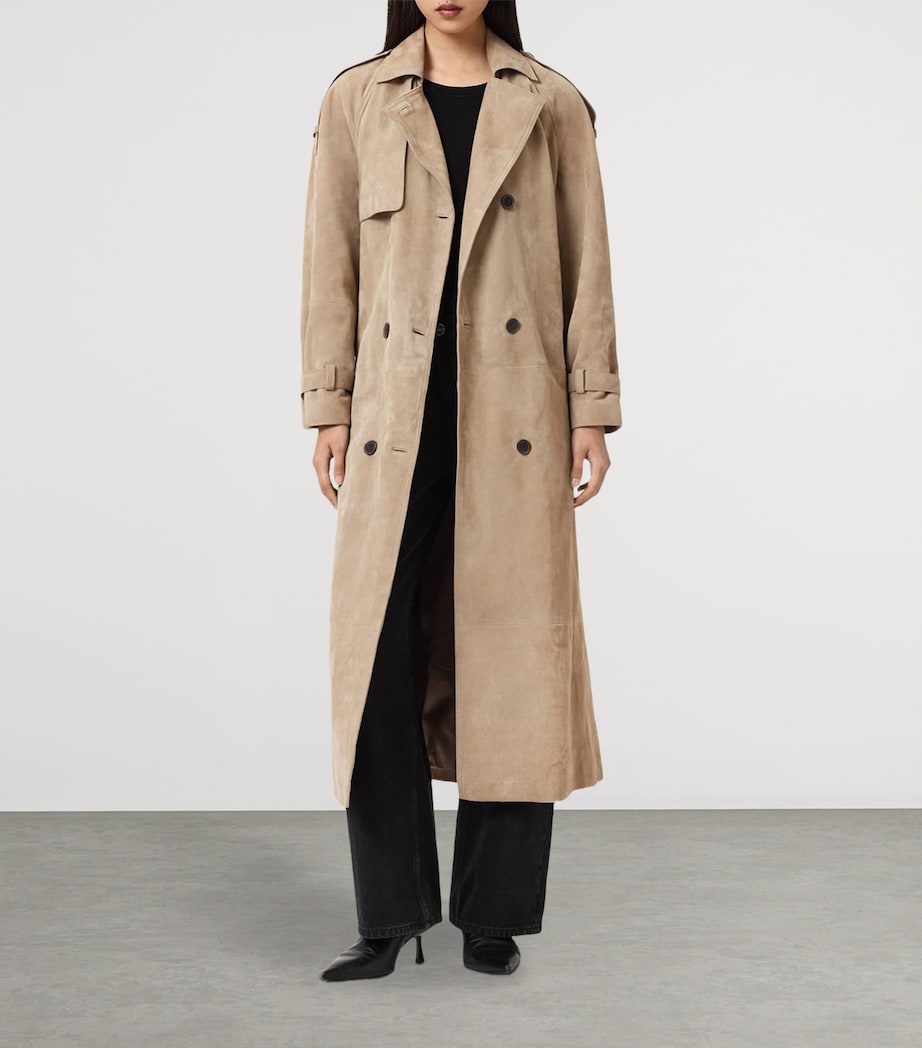 AllSaints Womens Suede Reed Trench Coat Taupe Brown Image 2