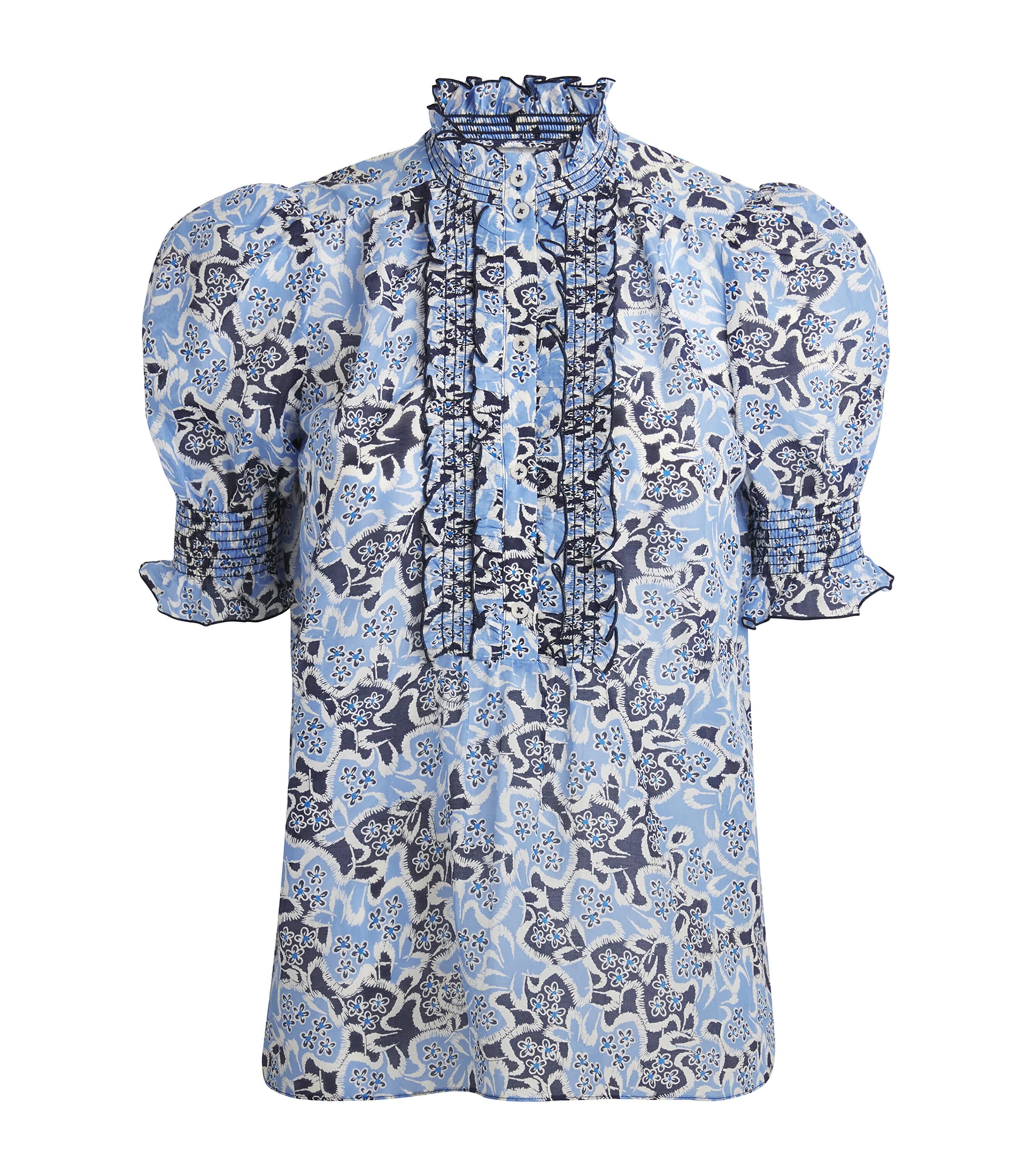 SO ME Floral Cotton Smocked Short Sleeves Blouse
