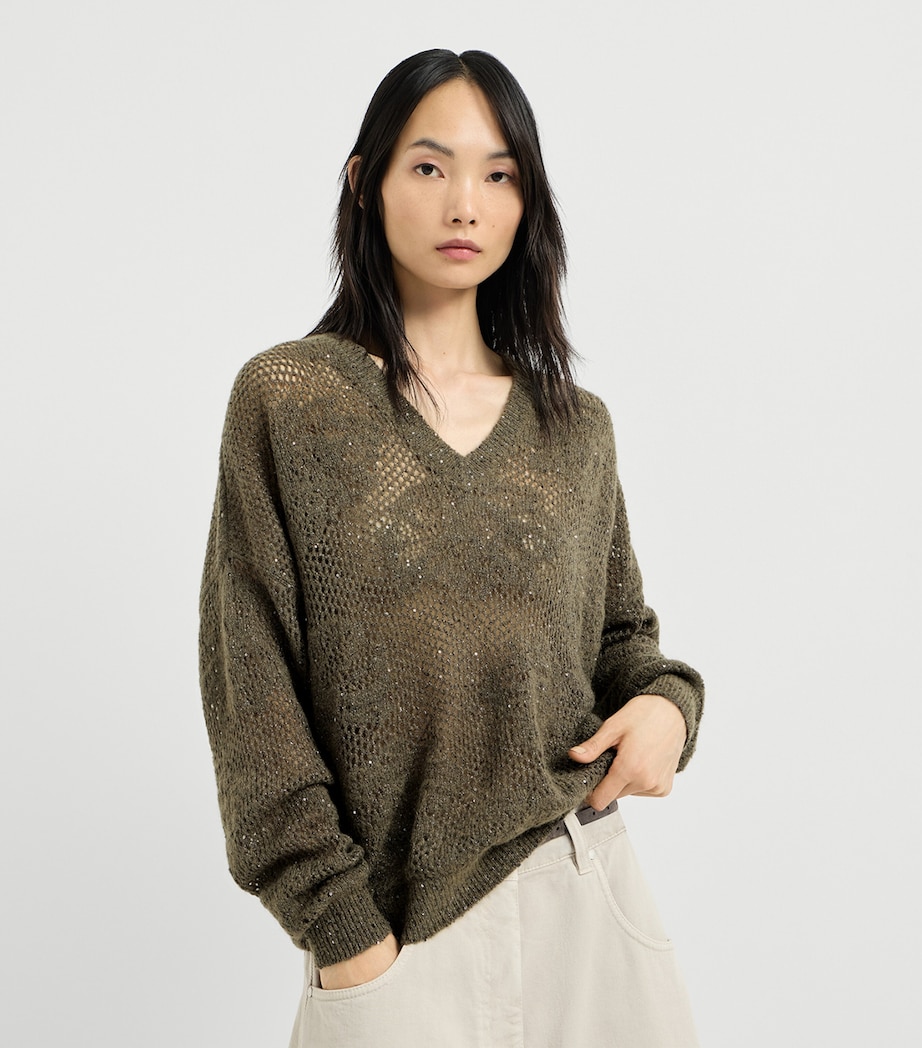 Brunello Cucinelli Womens Open-Work Embellished Sweater Militare Image 2
