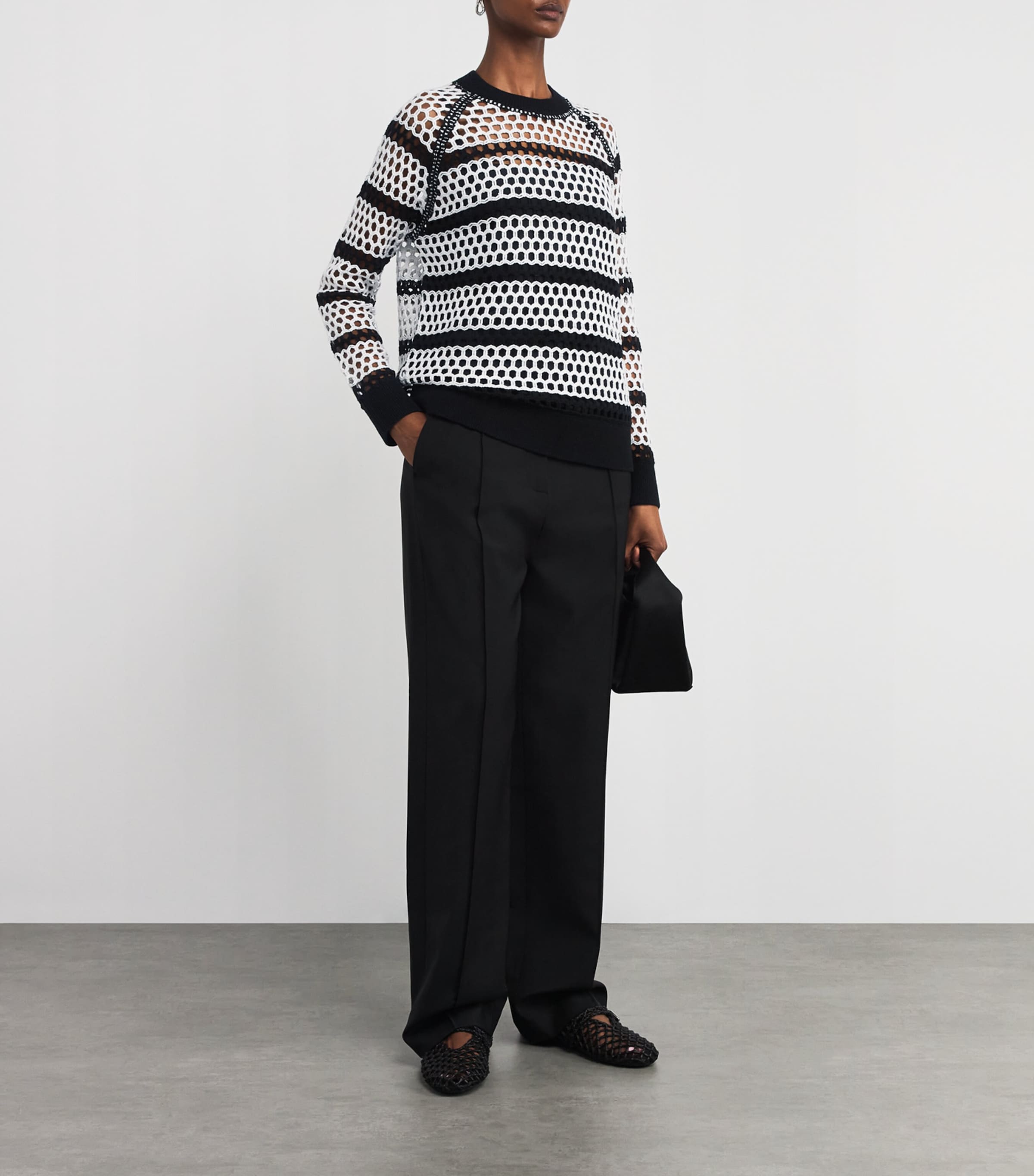 Cotton Open-Knit Sweater WHITE BLACK Image 2