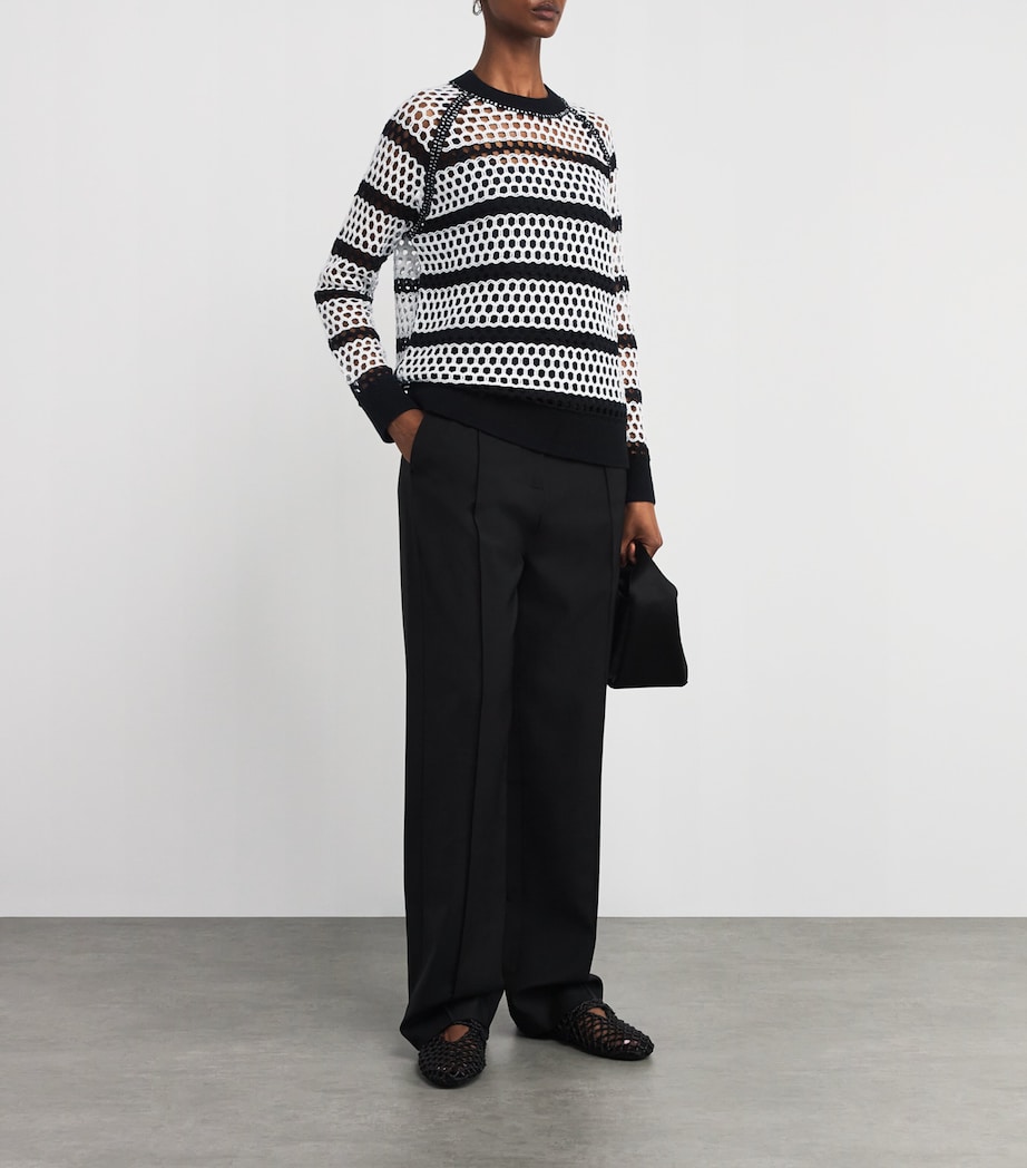 Cotton Open-Knit Sweater WHITE BLACK Image 2