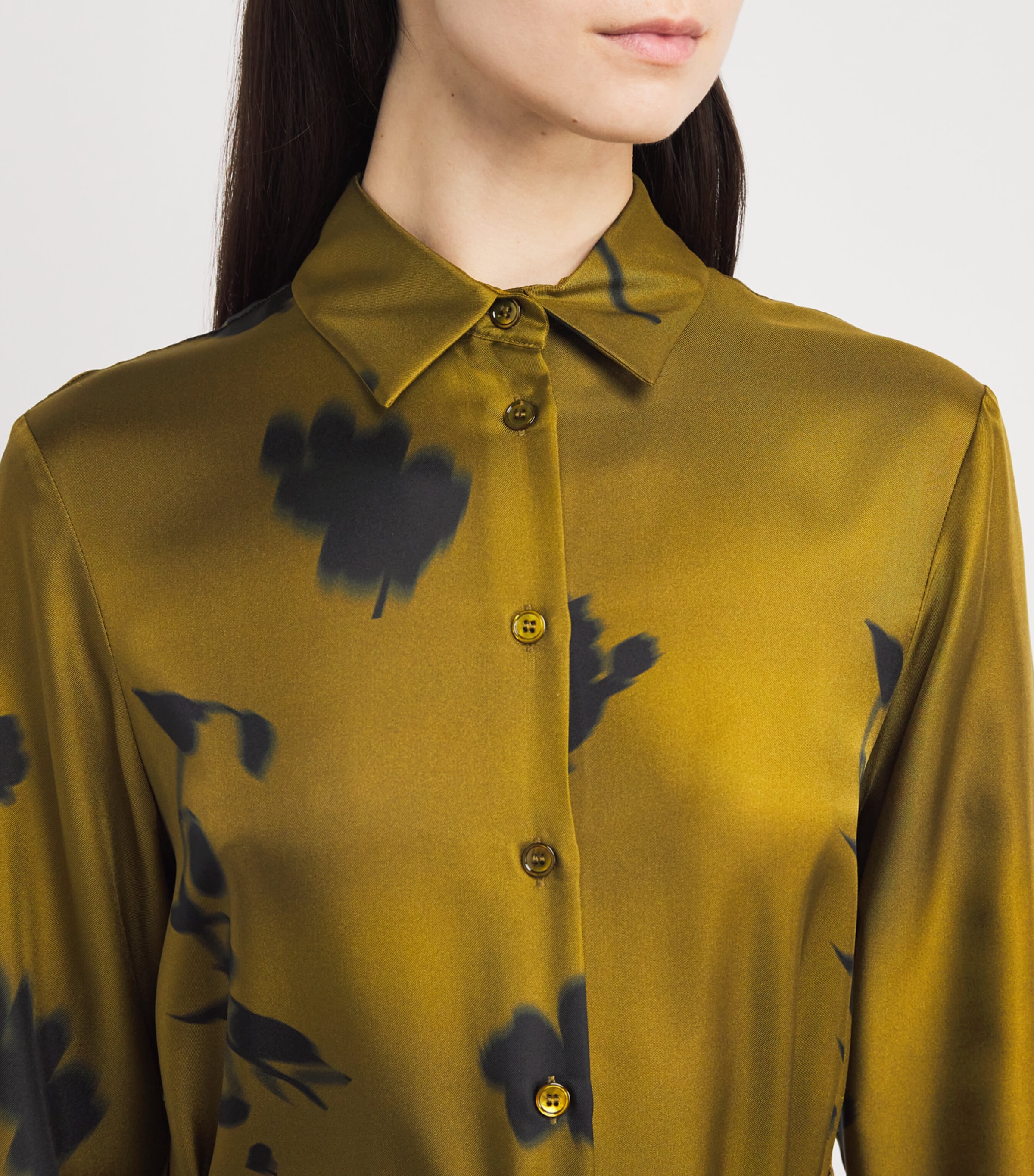 Silk Printed Jadi Midi Shirt Dress 001 OLIVE GREEN Image 6