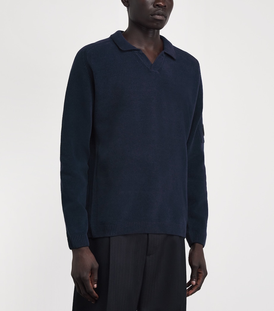 C.P. Company Mens Cotton Chenille Lens Polo Sweater Midnight Navy Image 4