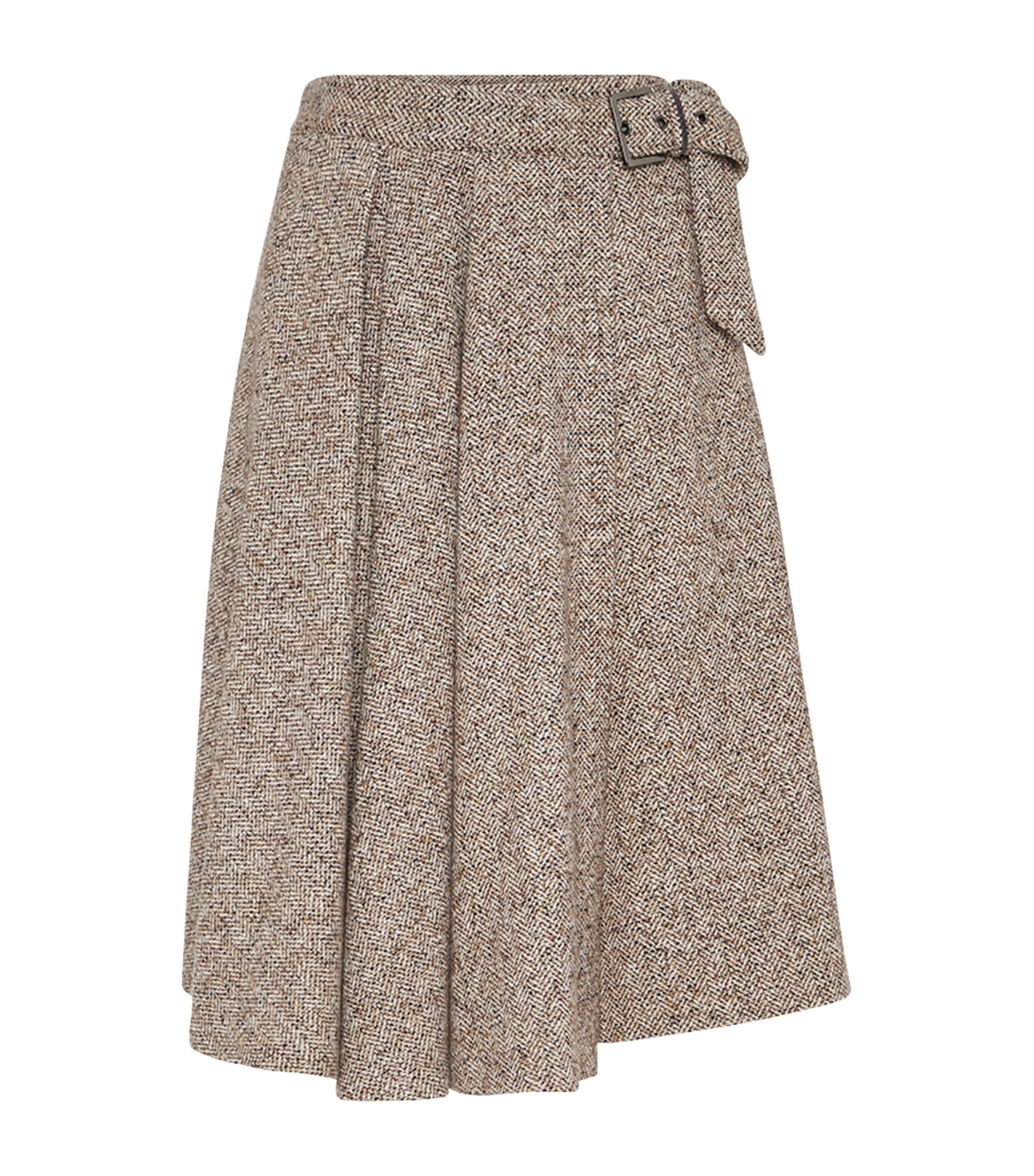 Brunello Cucinelli Belted Asymmetric Pleated Bead-embellished Wool-blend Wrap Skirt In Gray