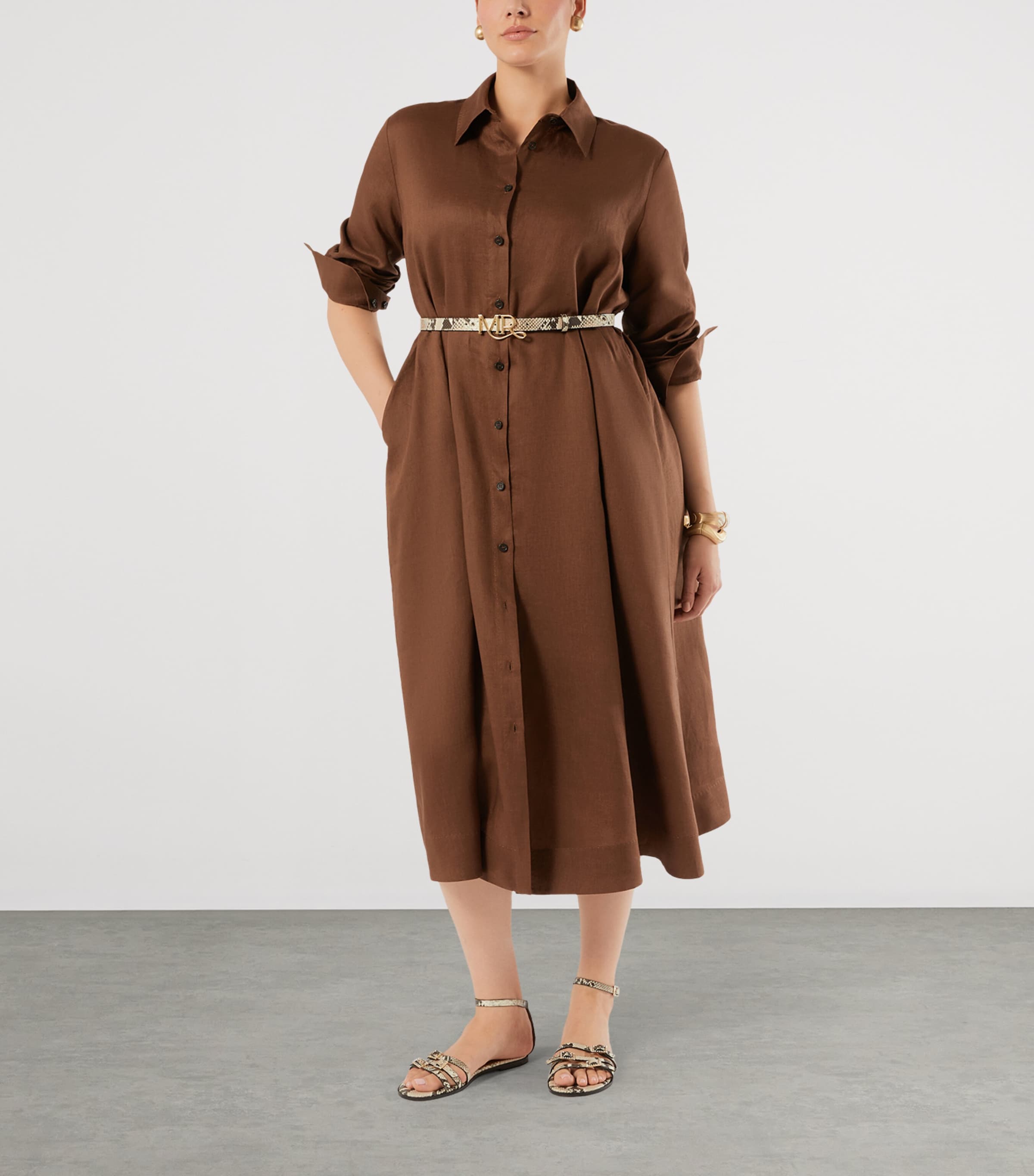 Marina Rinaldi Womens Linen Belted Midi Shirt Dress Cocoa Image 2