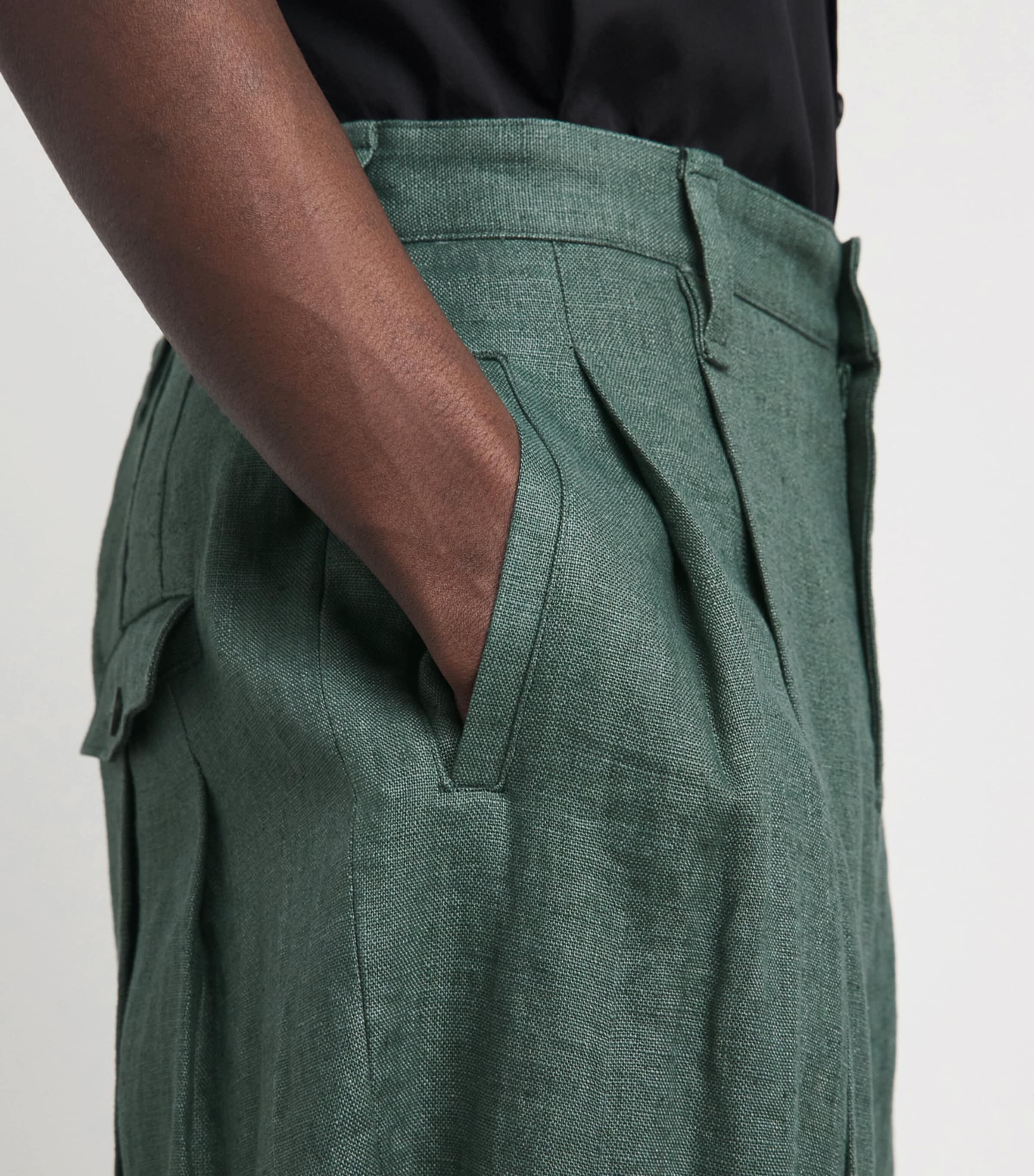 IM MEN Mens Tough Linen Pleated Trousers Dark Green Image 3