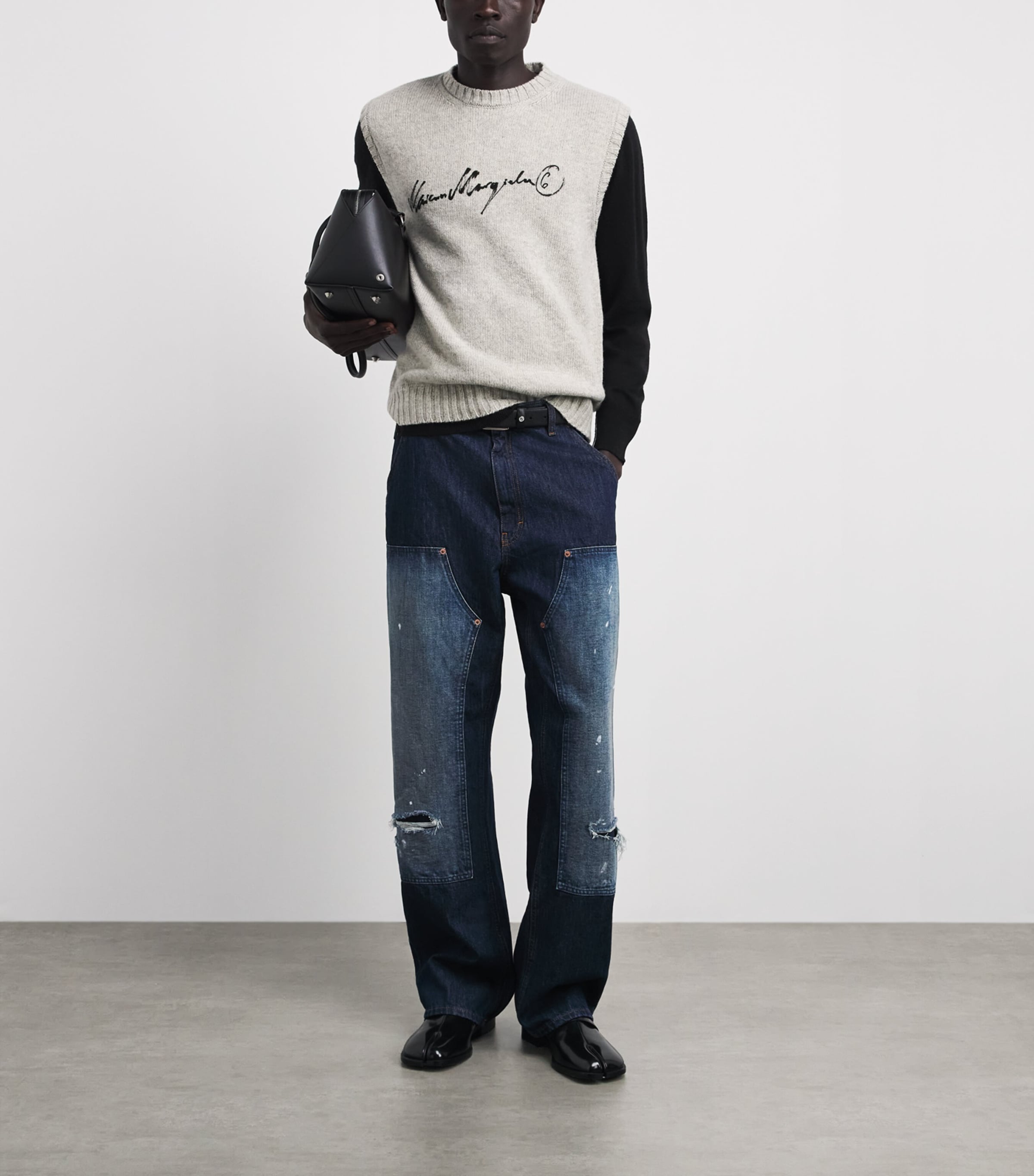 MM6 Maison Margiela Mens Wool-Blend Logo Sweater Vest Gry Mel Blck Pr Image 2
