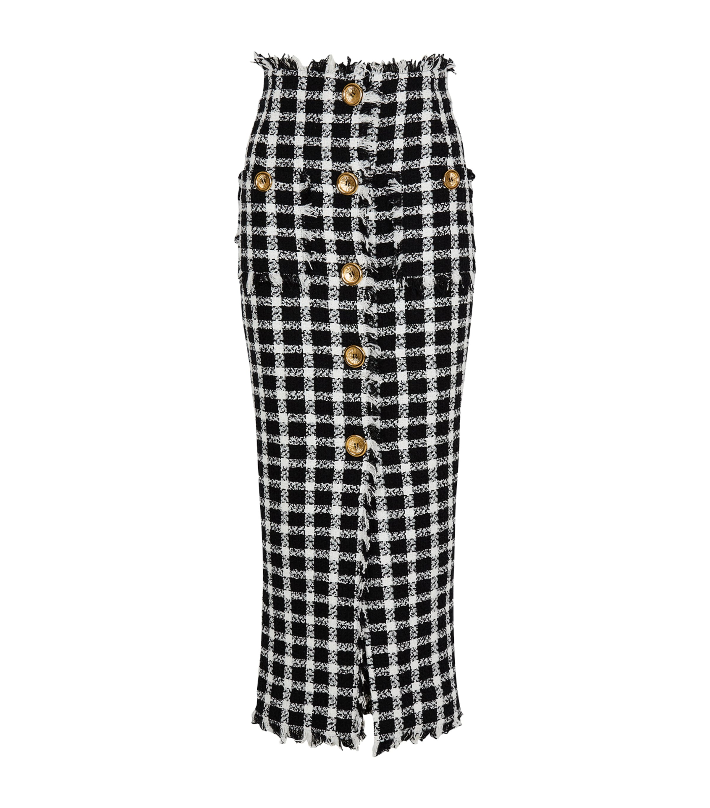 Balmain Tweed Gingham Maxi Skirt In Black
