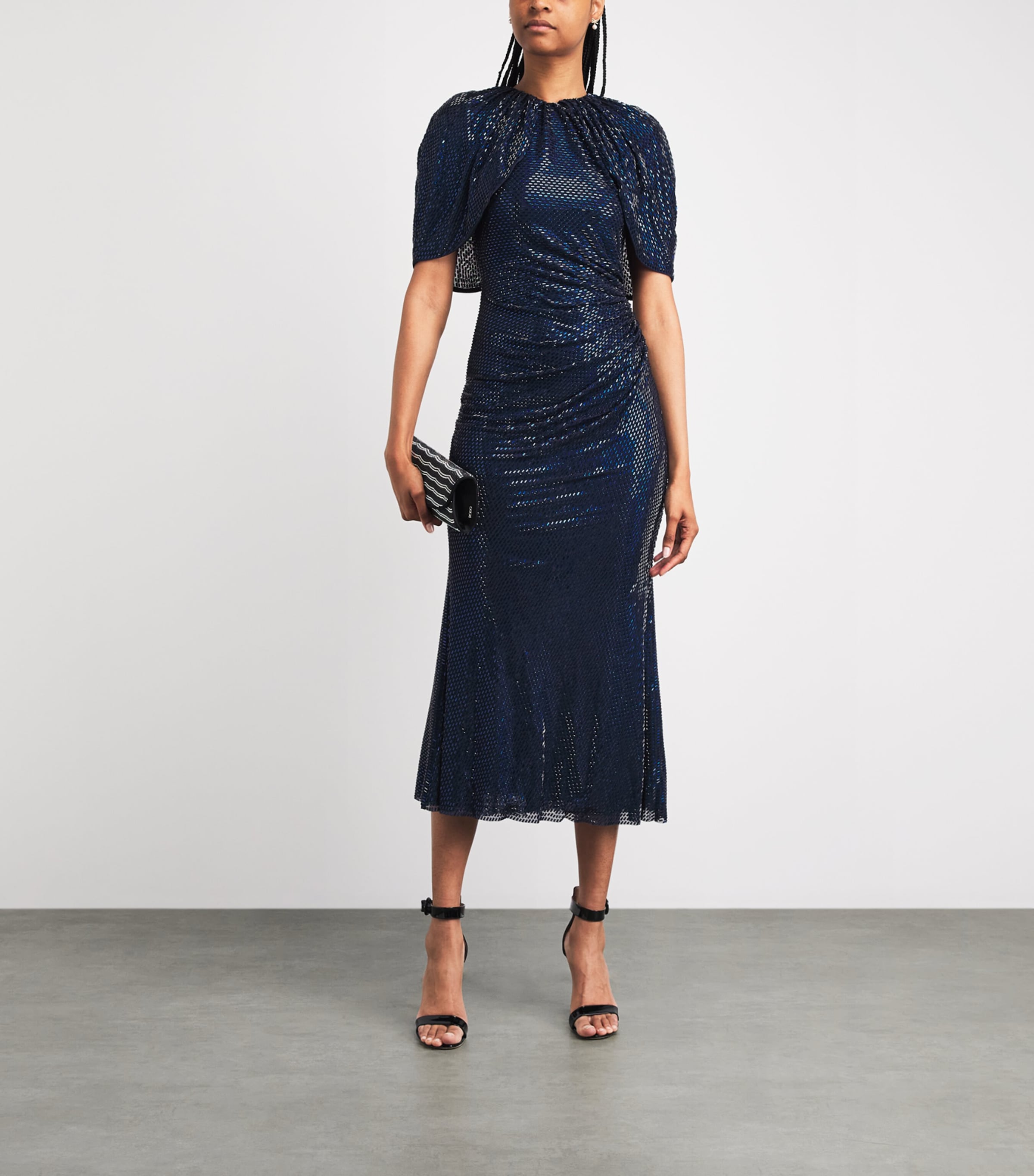Self-Portrait Womens Rhinestone Cape-Sleeve Midi Dress Navy Blue Image 2