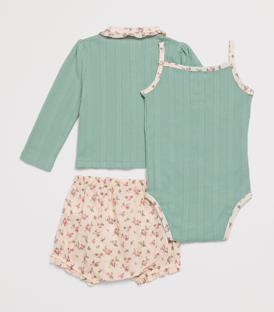 Ralph Lauren Kids Floral Cardigan, Bodysuit and Bloomers Set (3-24 Months) Faded Mint Image 2