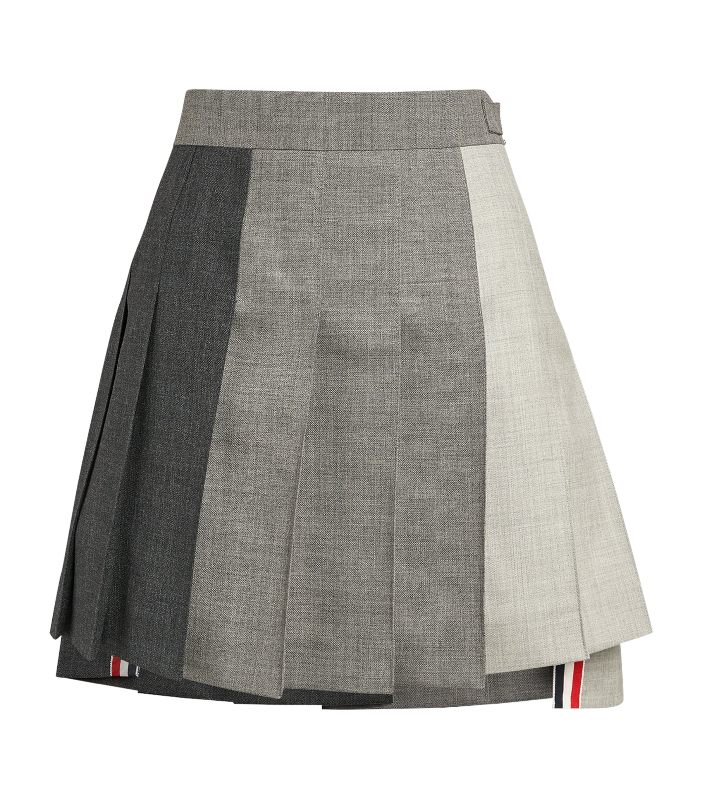 Thom Browne Contrast Panel Dropped Back Pleated Skirt In Grey