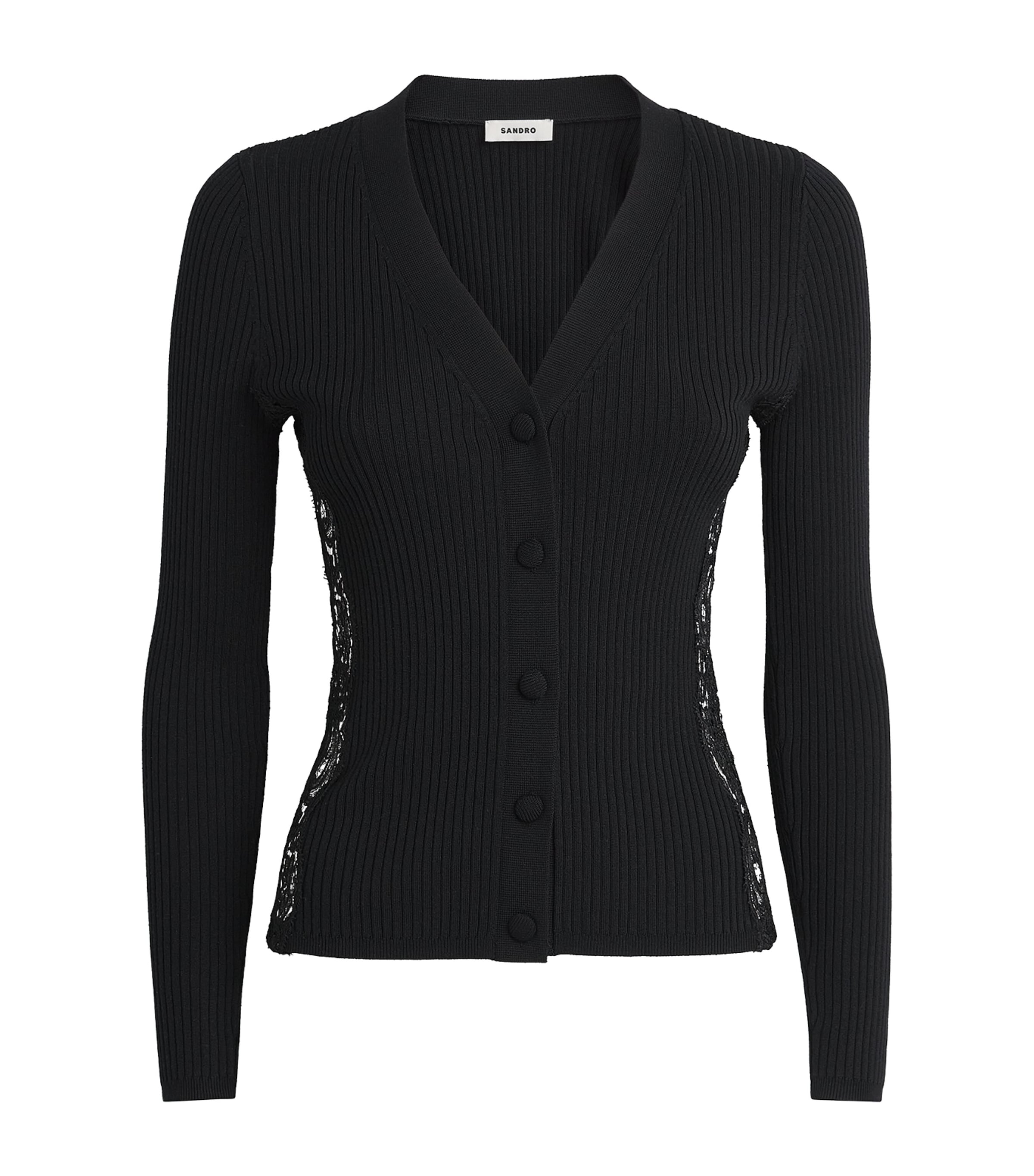 Sandro Paris Womens Ribbed Lace-Trim Cardigan Black Image 1