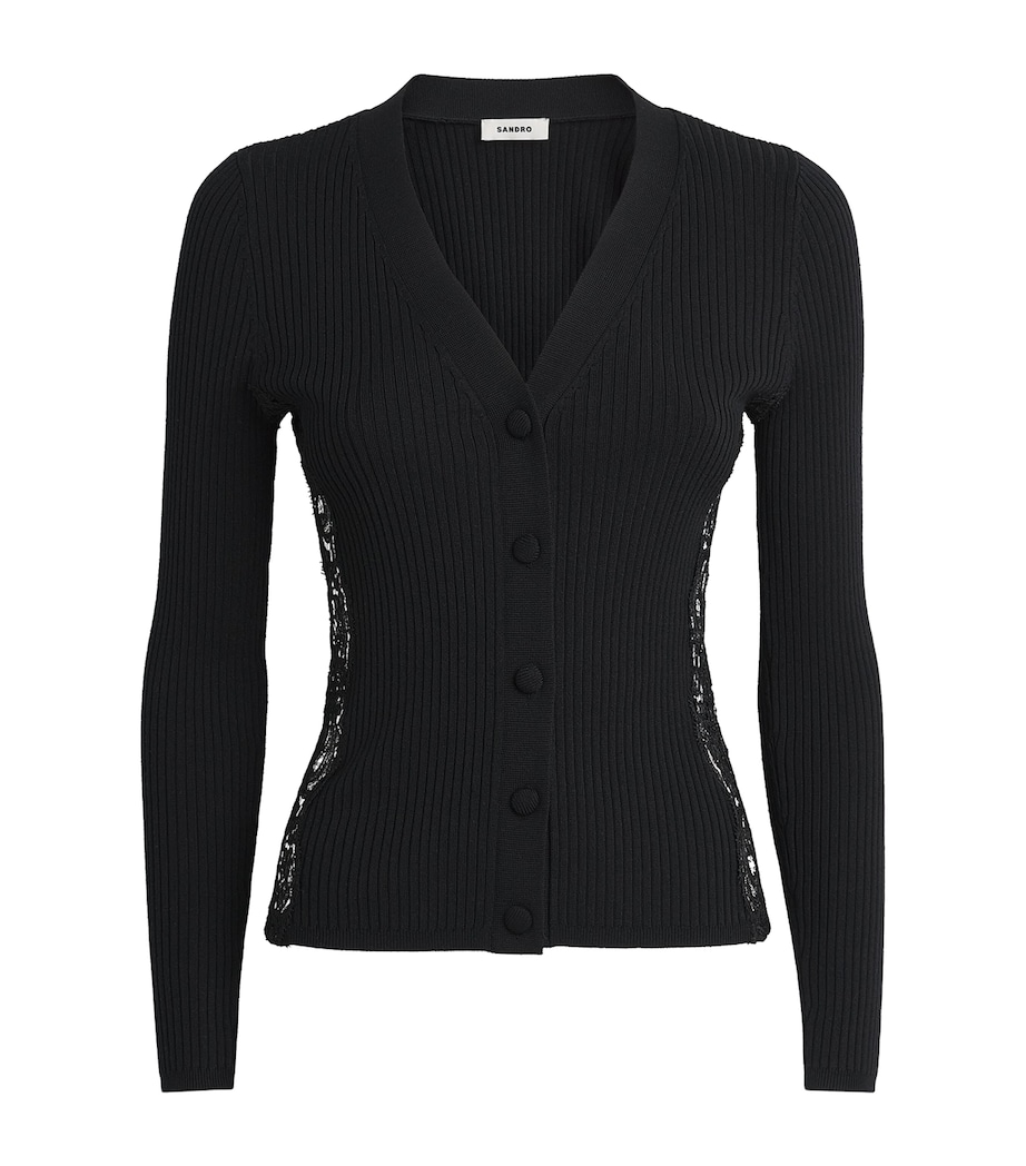 Sandro Paris Womens Ribbed Lace-Trim Cardigan Black Image 1