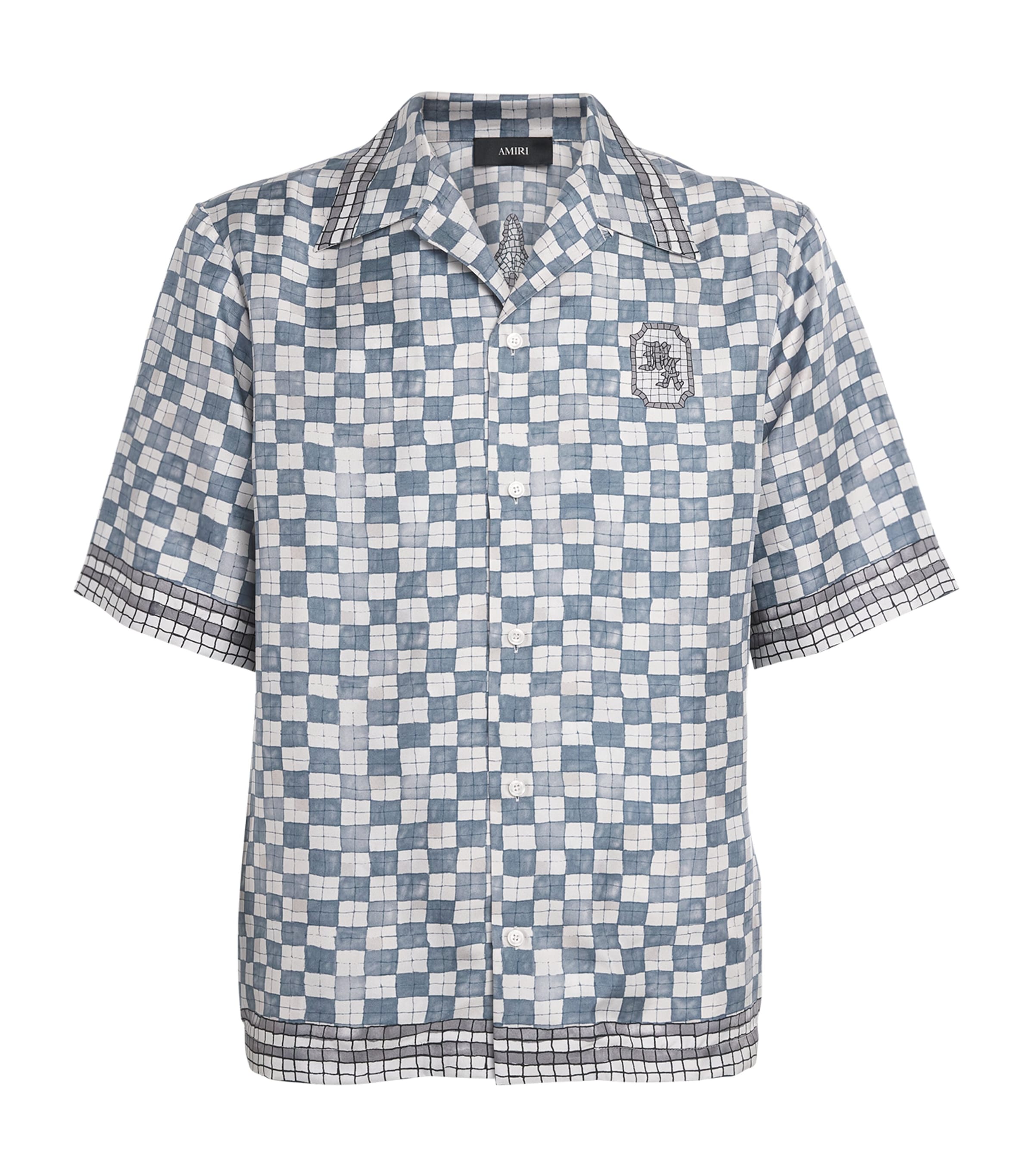 AMIRI Mens Silk Château Crest Bowling Shirt Steel Image 1