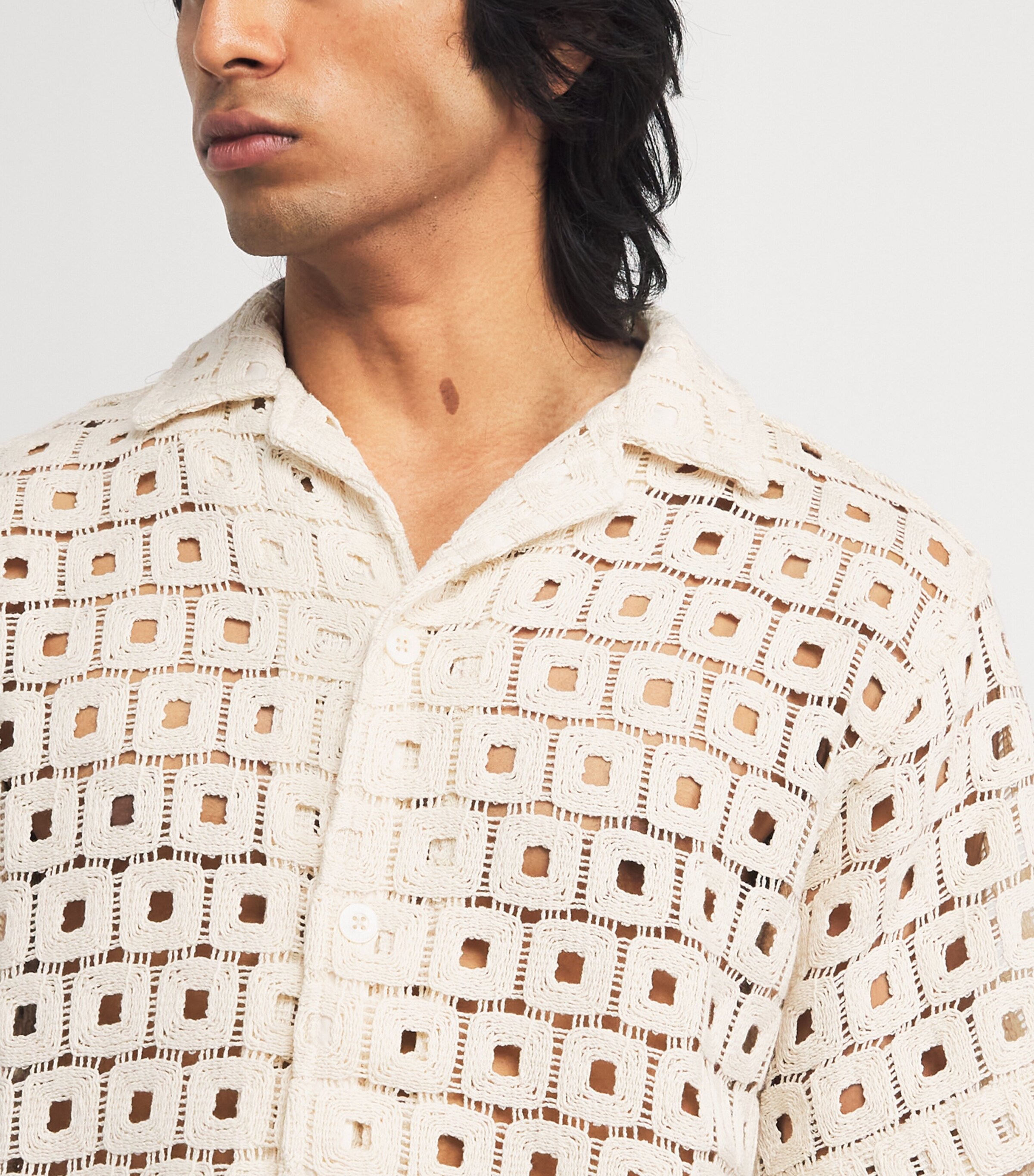 CHÉ Mens Cotton-Blend Open-Crochet Knit Shirt Ivory Image 6