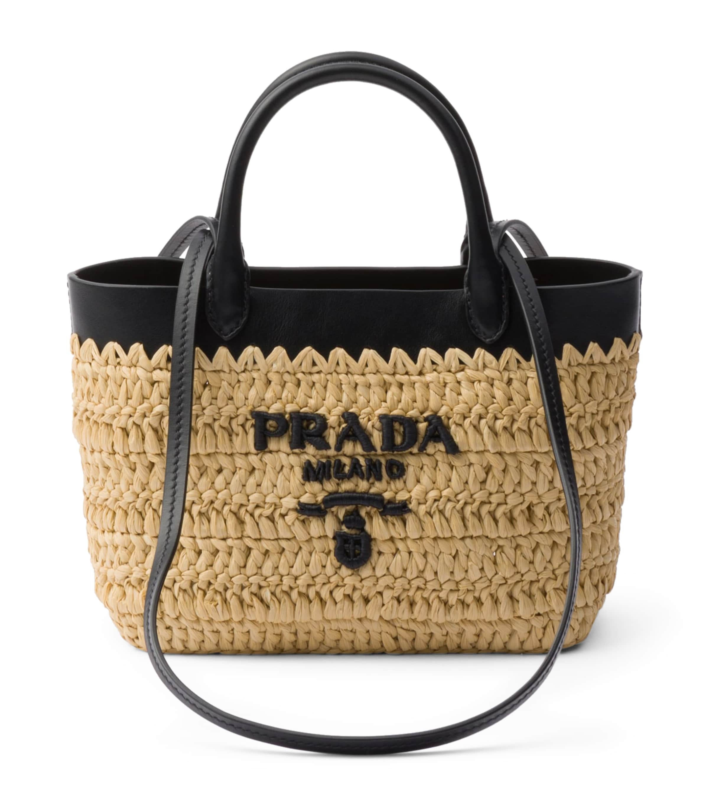 PRADA ラタン トートバッグ ベージュ/ブラック Prada Neutral Mini Woven Tote Bag | Harrods UK