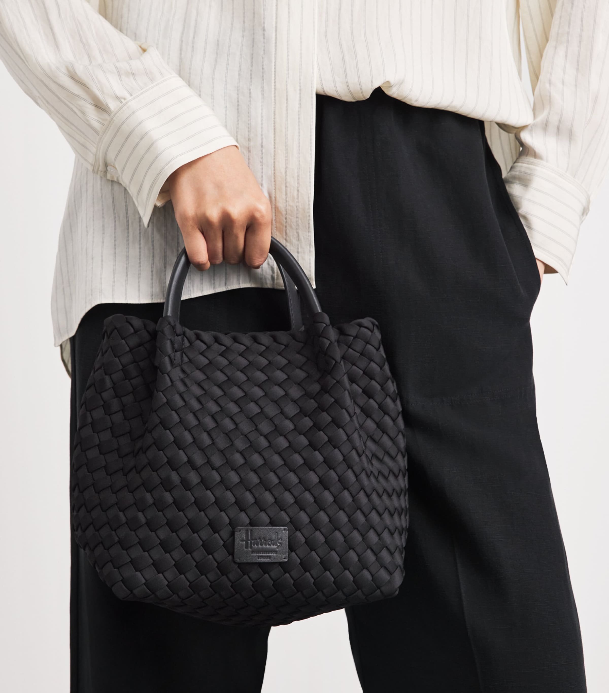 Harrods Mini Neoprene Woven Tote Bag Black Image 2