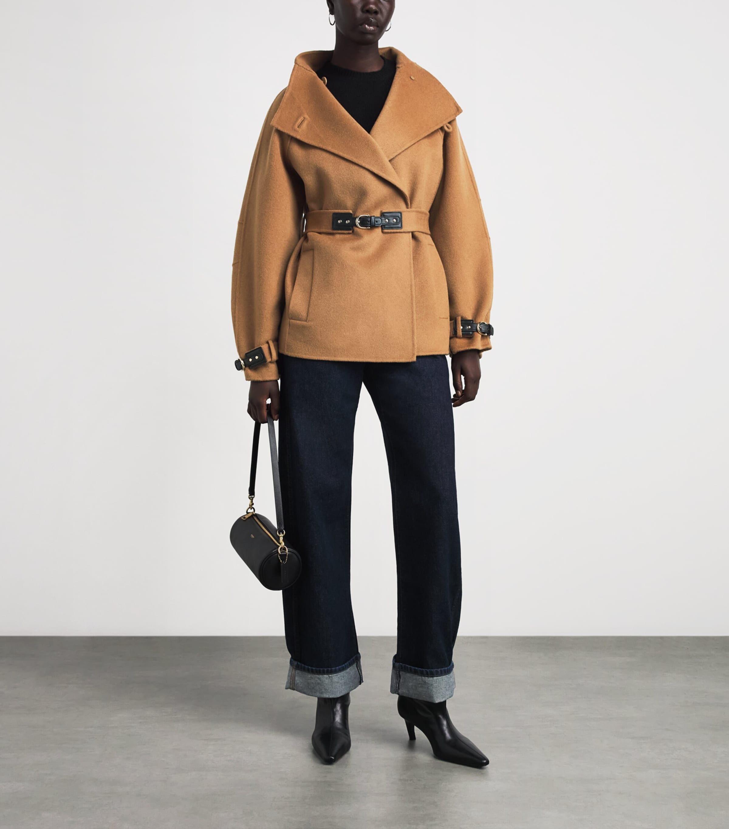 Maje Womens Wool-Blend Belted Mid-Length Coat Camel Image 2