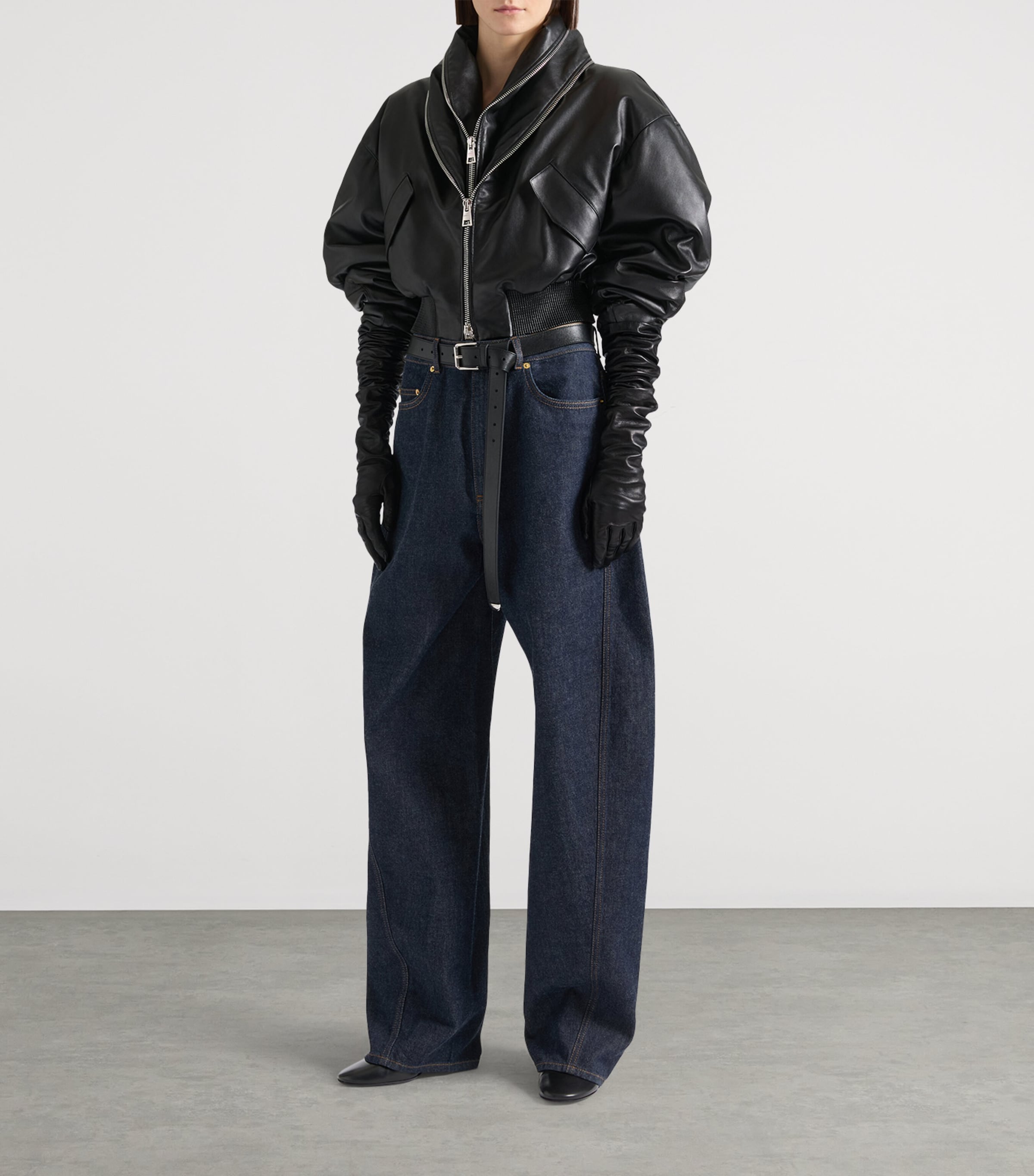 Leather Shawl-Collar Cocoon Jacket BLACK Image 2