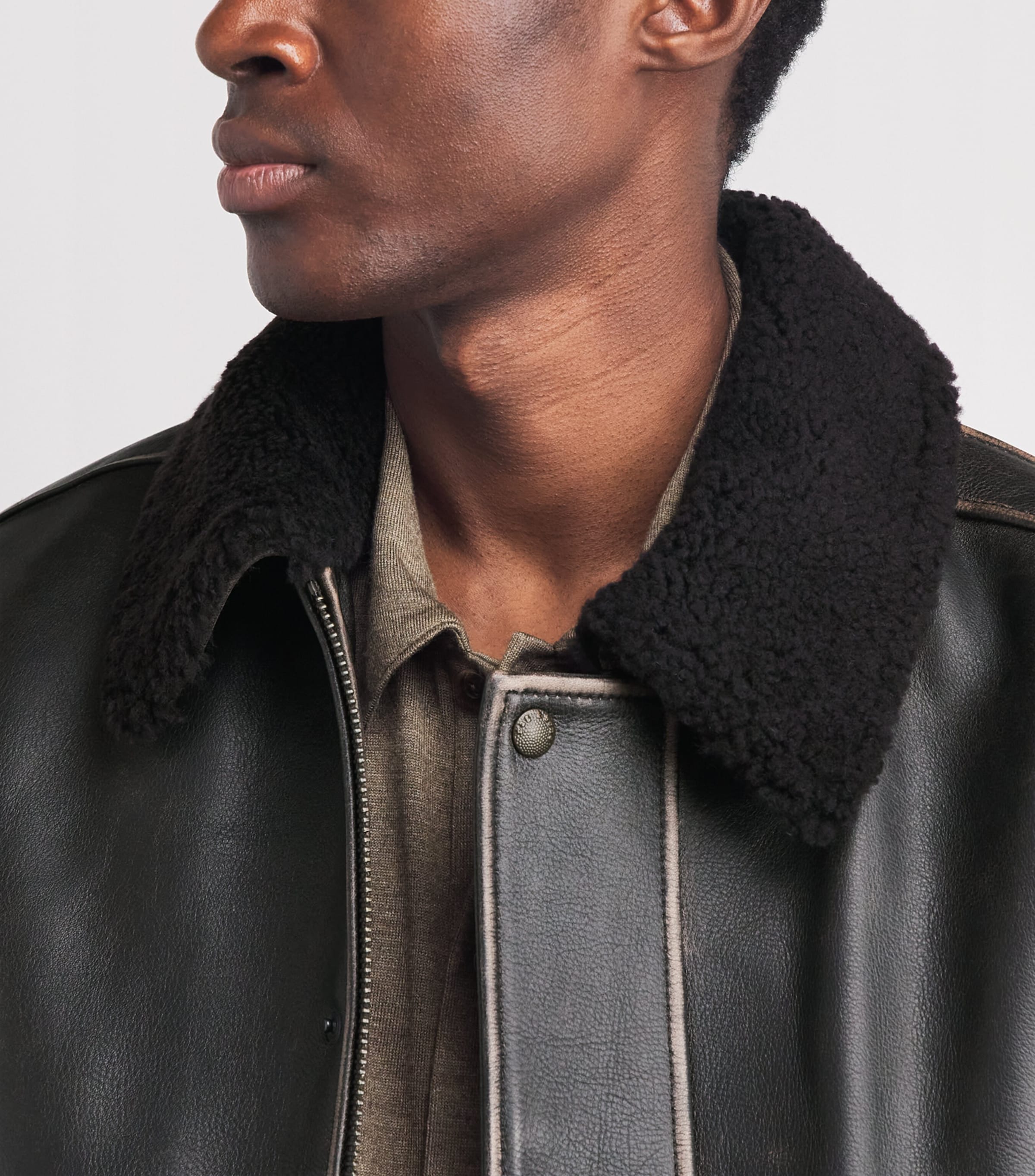Rag & Bone Mens Leather Shearling-Collar Bomber Jacket Brown Image 3