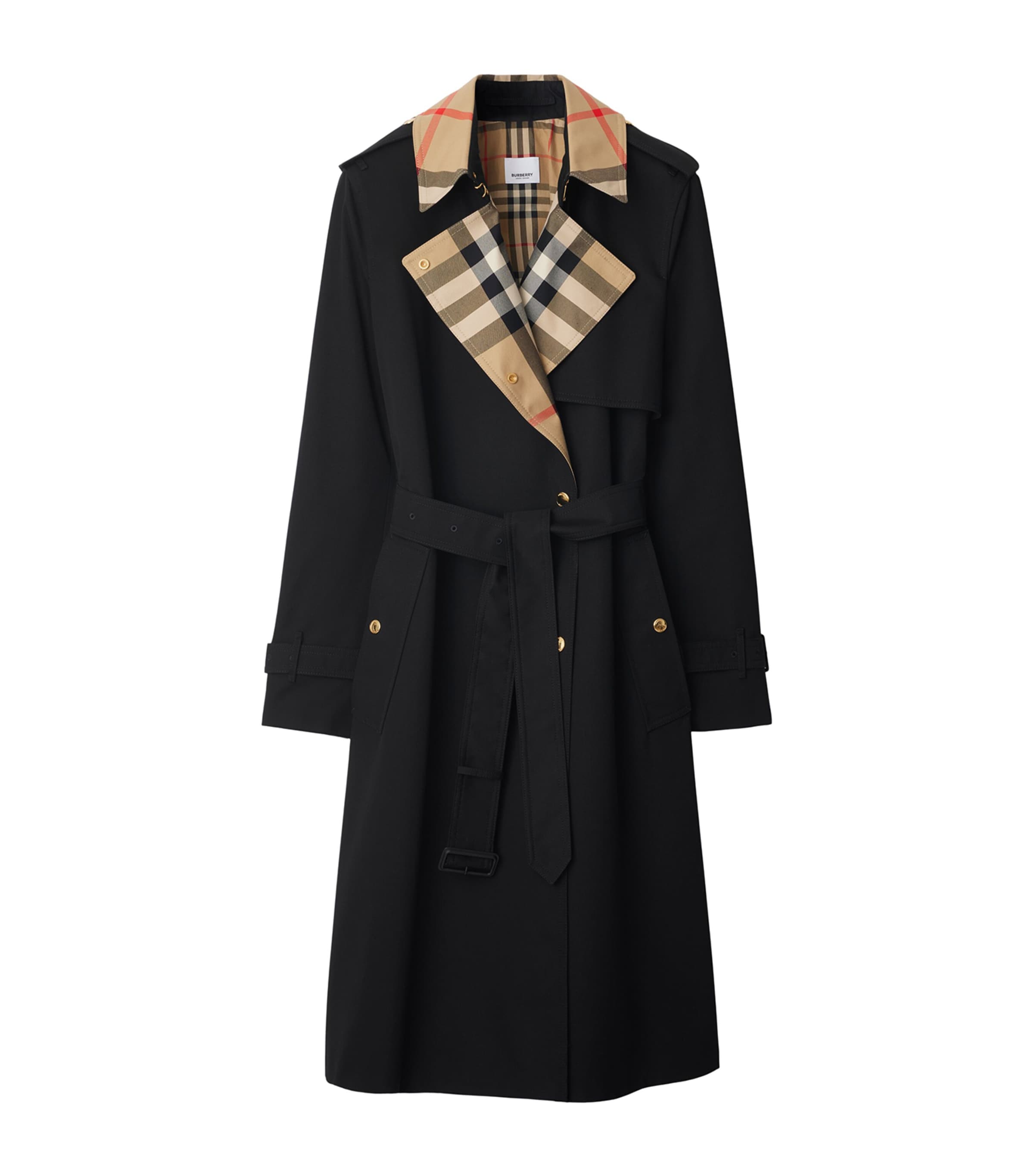 Burberry Long Check Gabardine Trench Coat In Black