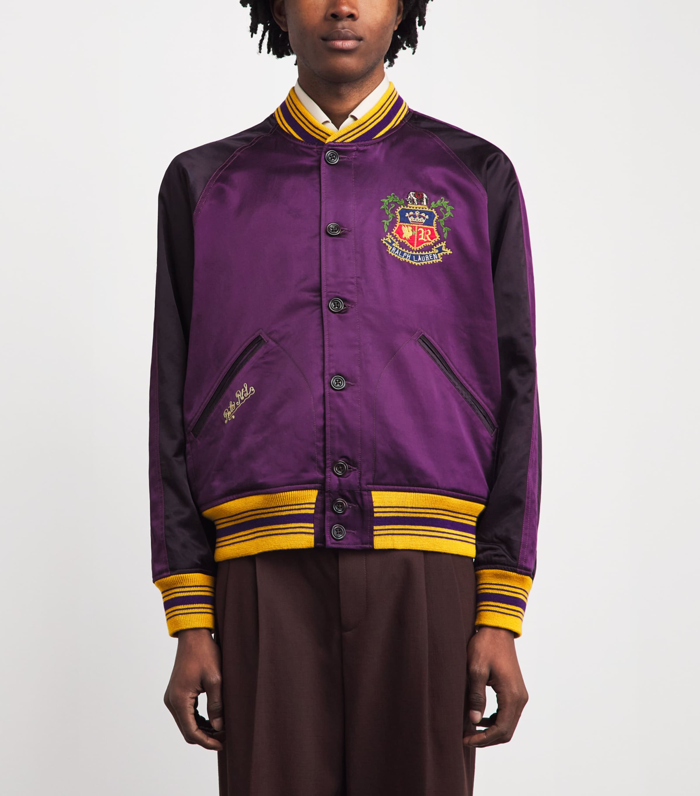 Polo Ralph Lauren Mens Satin Embroidered Bomber Jacket Brgnd Rs/st Prpl Mlt Image 4