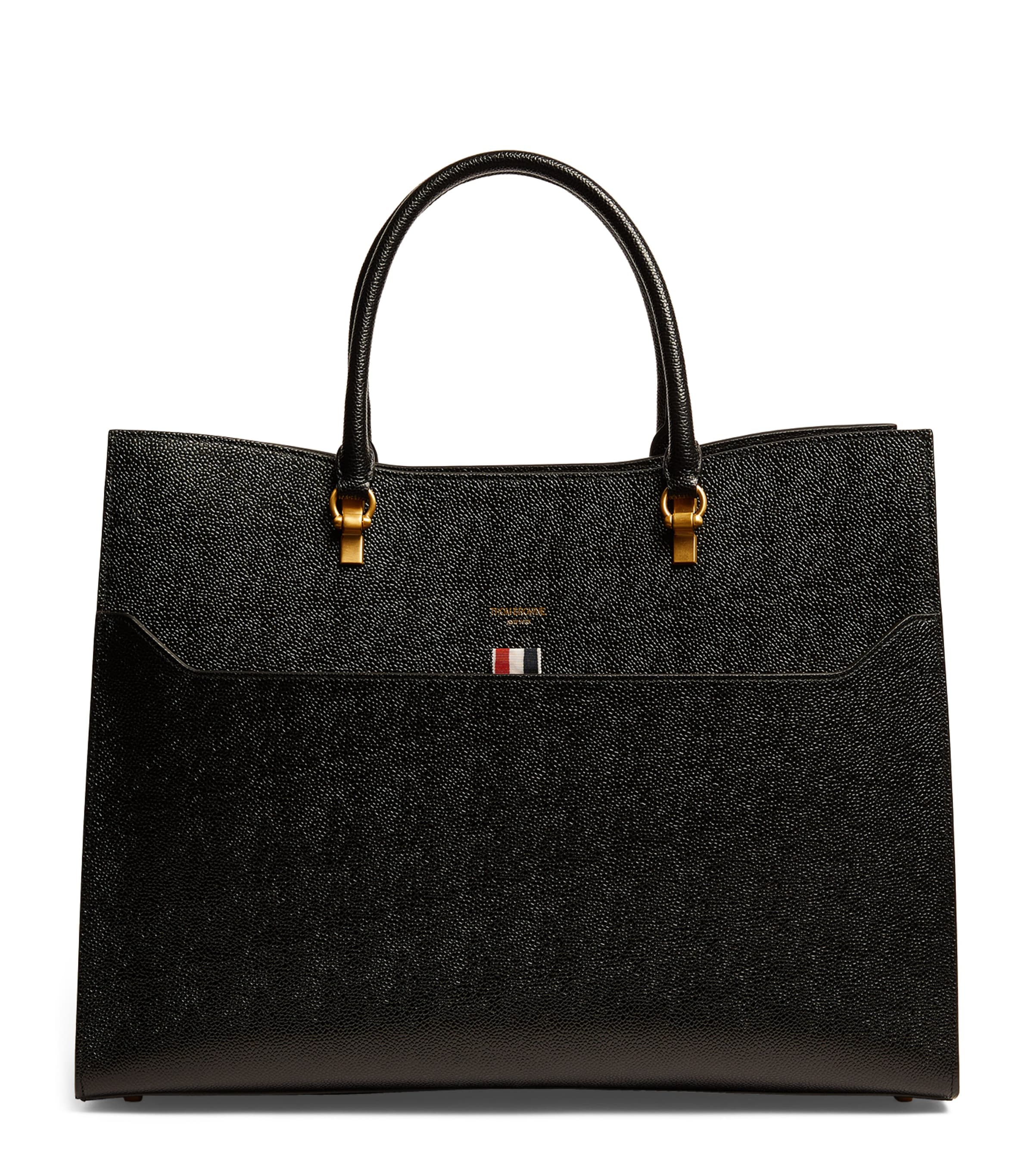 Thom Browne Large Leather Duet Tote Bag In Black