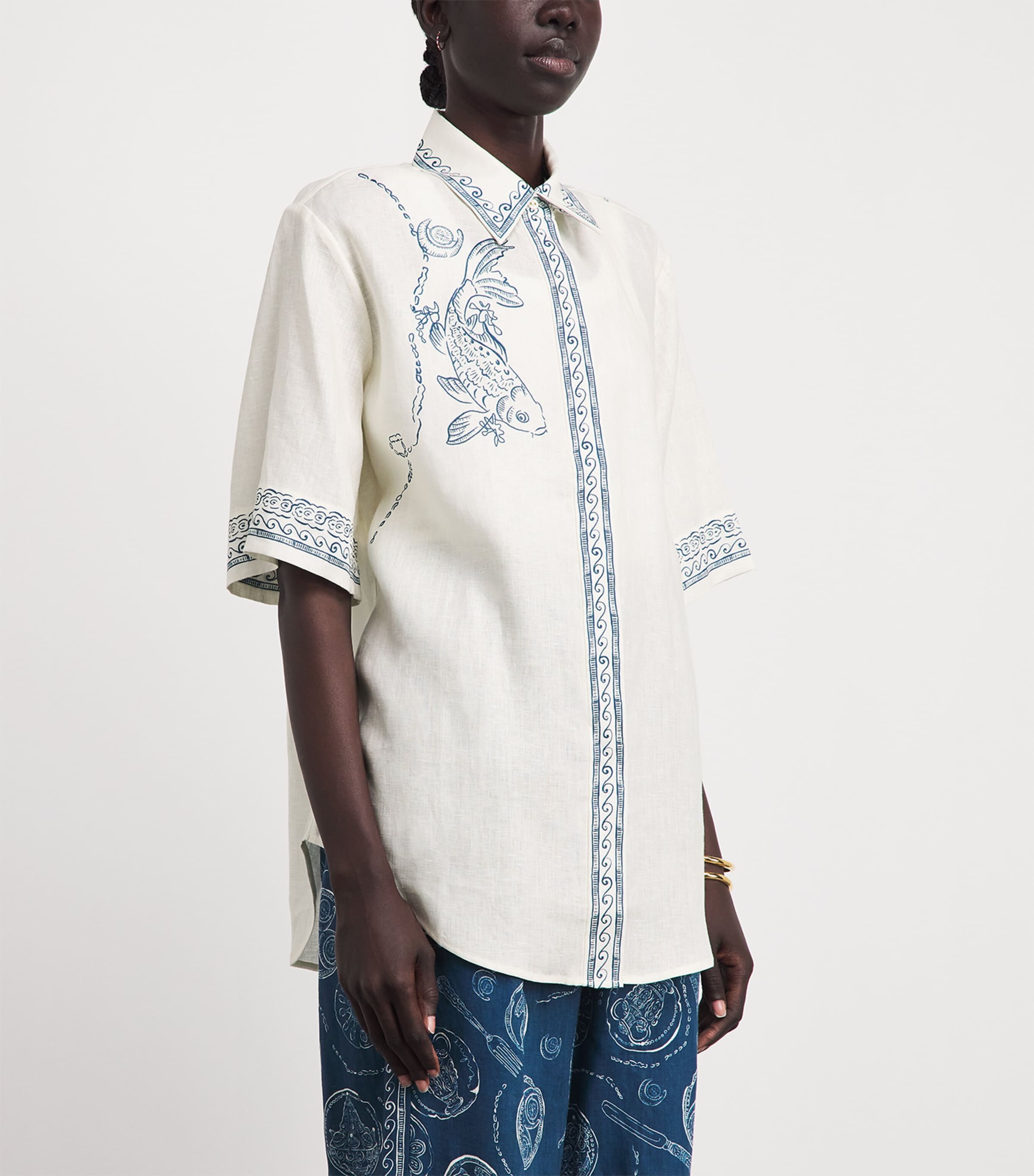 ALEMAIS Womens Linen Printed Lucky Shirt Ivory Image 4