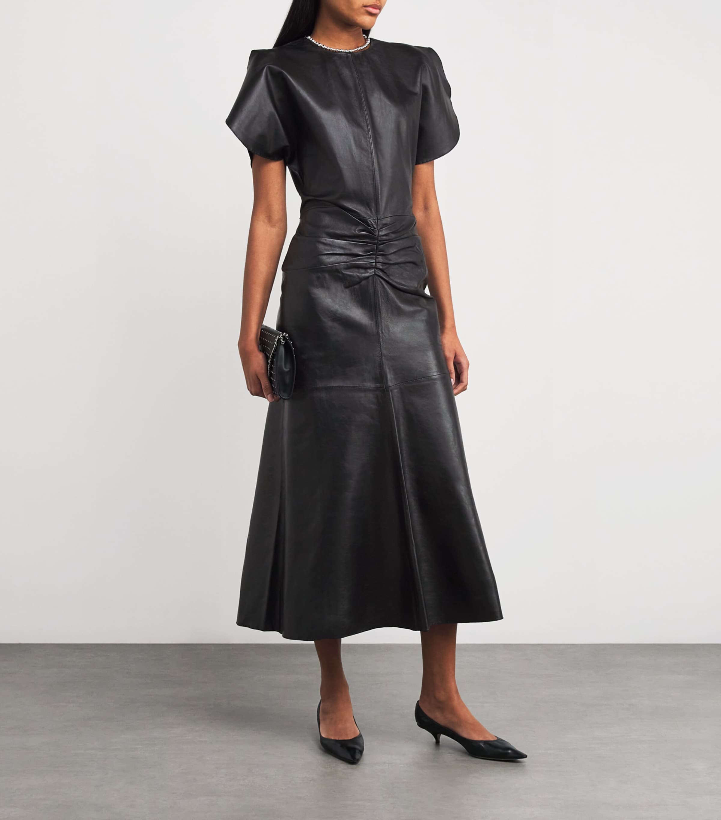 Victoria Beckham Womens Leather Gathered Waist Midi Dress Black Image 2