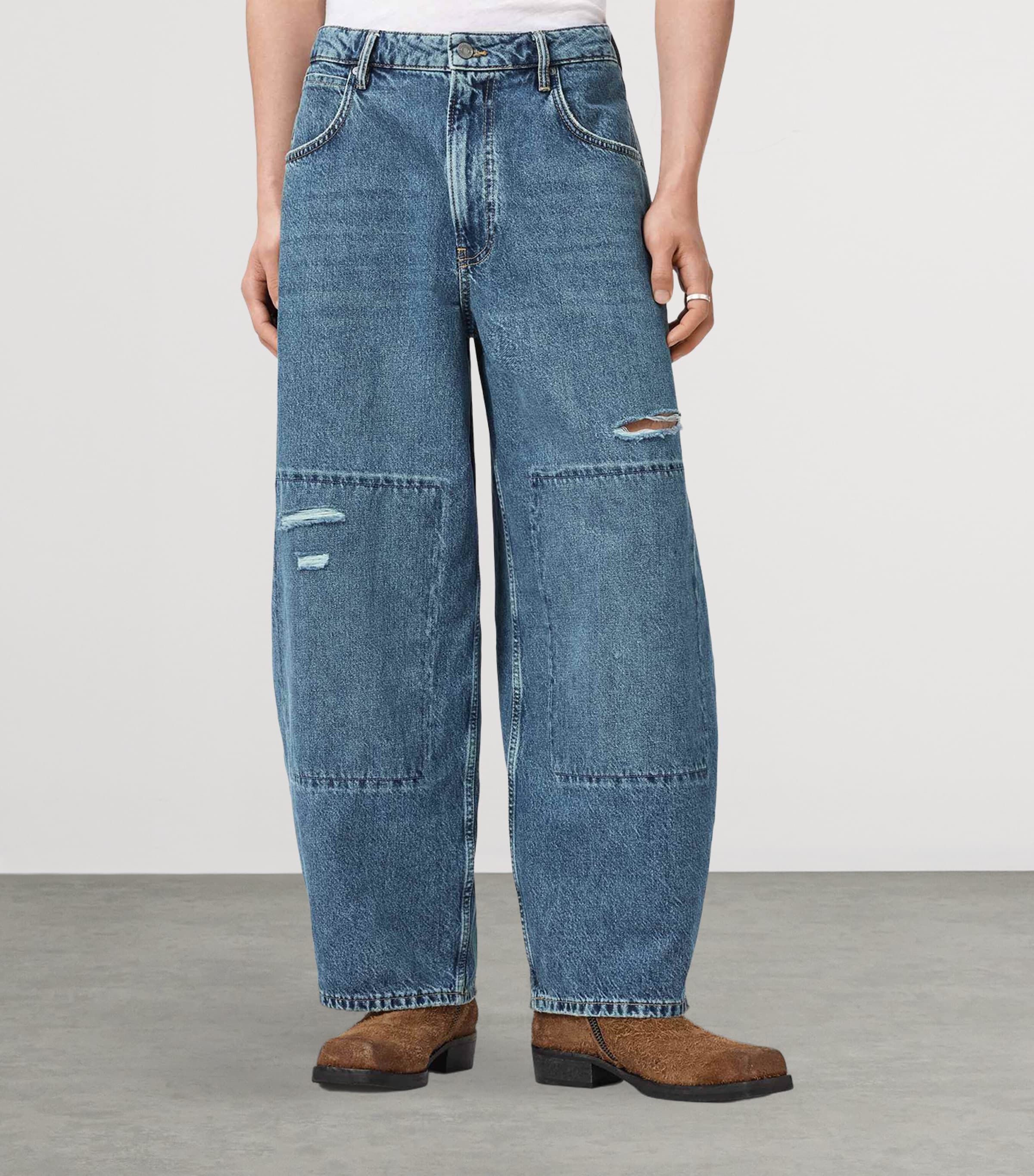 AllSaints Mens Slouch Barrel-Leg Jeans Destroy Mid Indigo Image 3