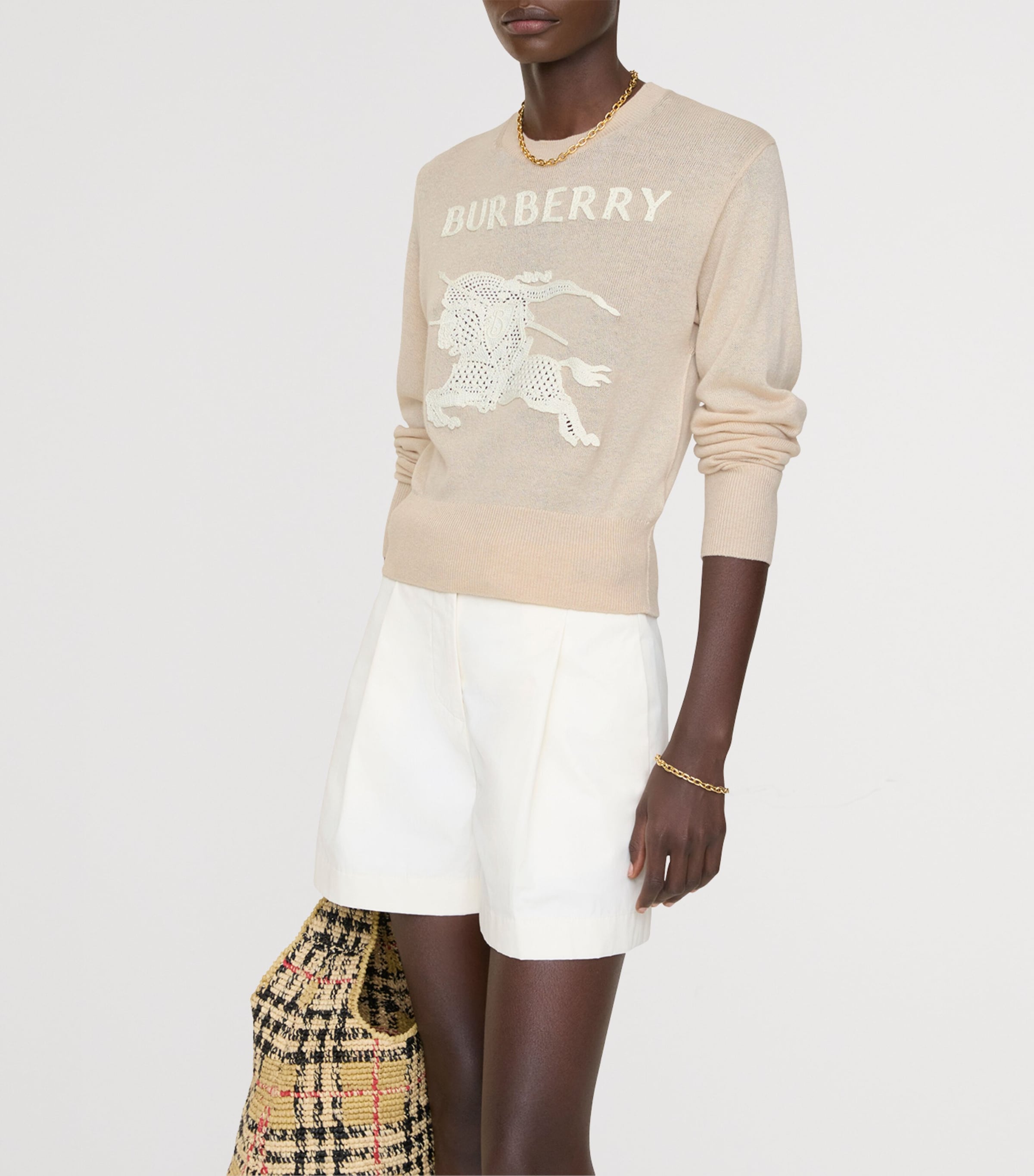 Burberry Womens Wool-Cotton Crochet EKD Sweater Easel Beige Image 3