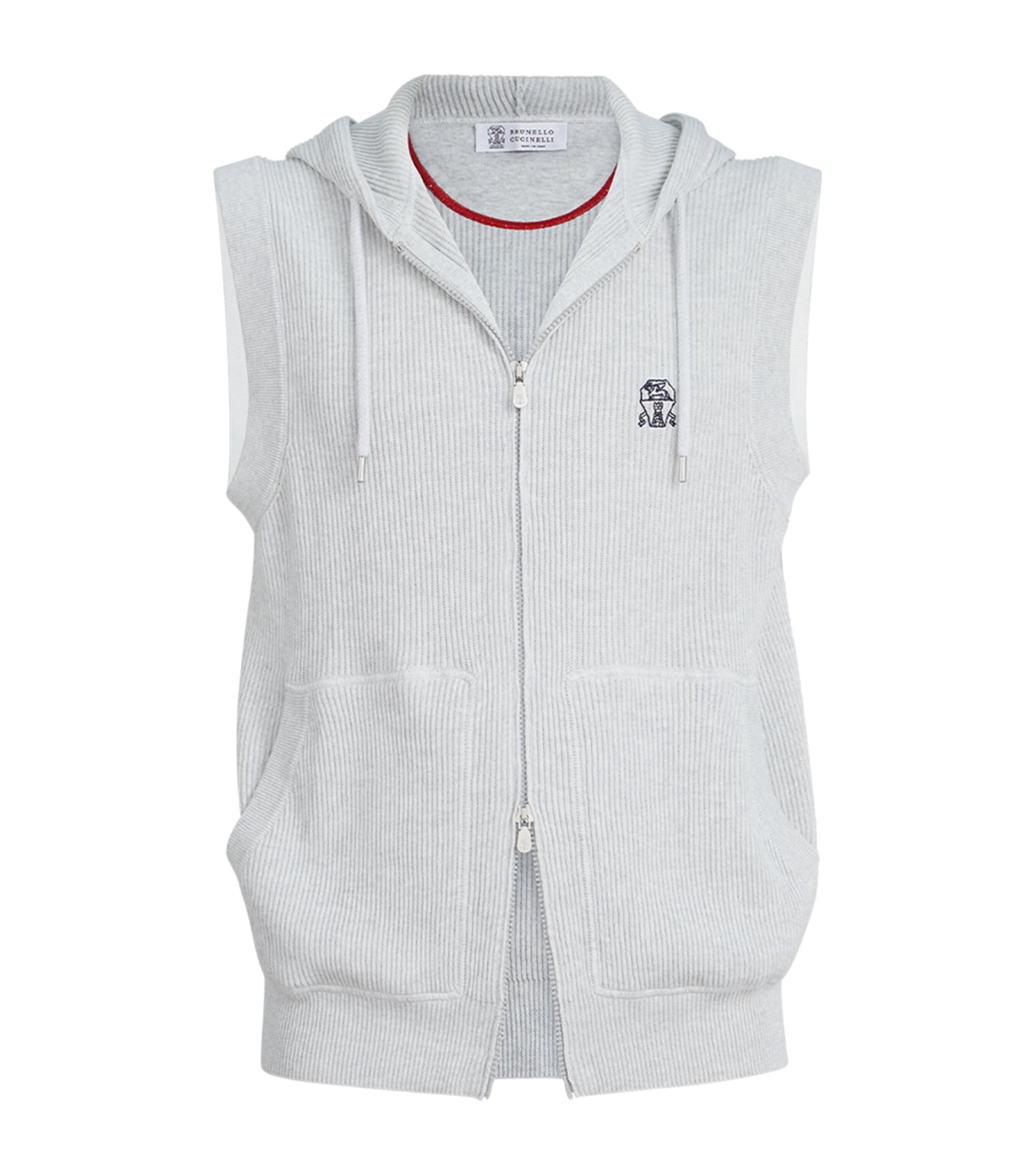 Brunello Cucinelli Mens Cotton Rib-Knit Sleeveless Hoodie Image 1