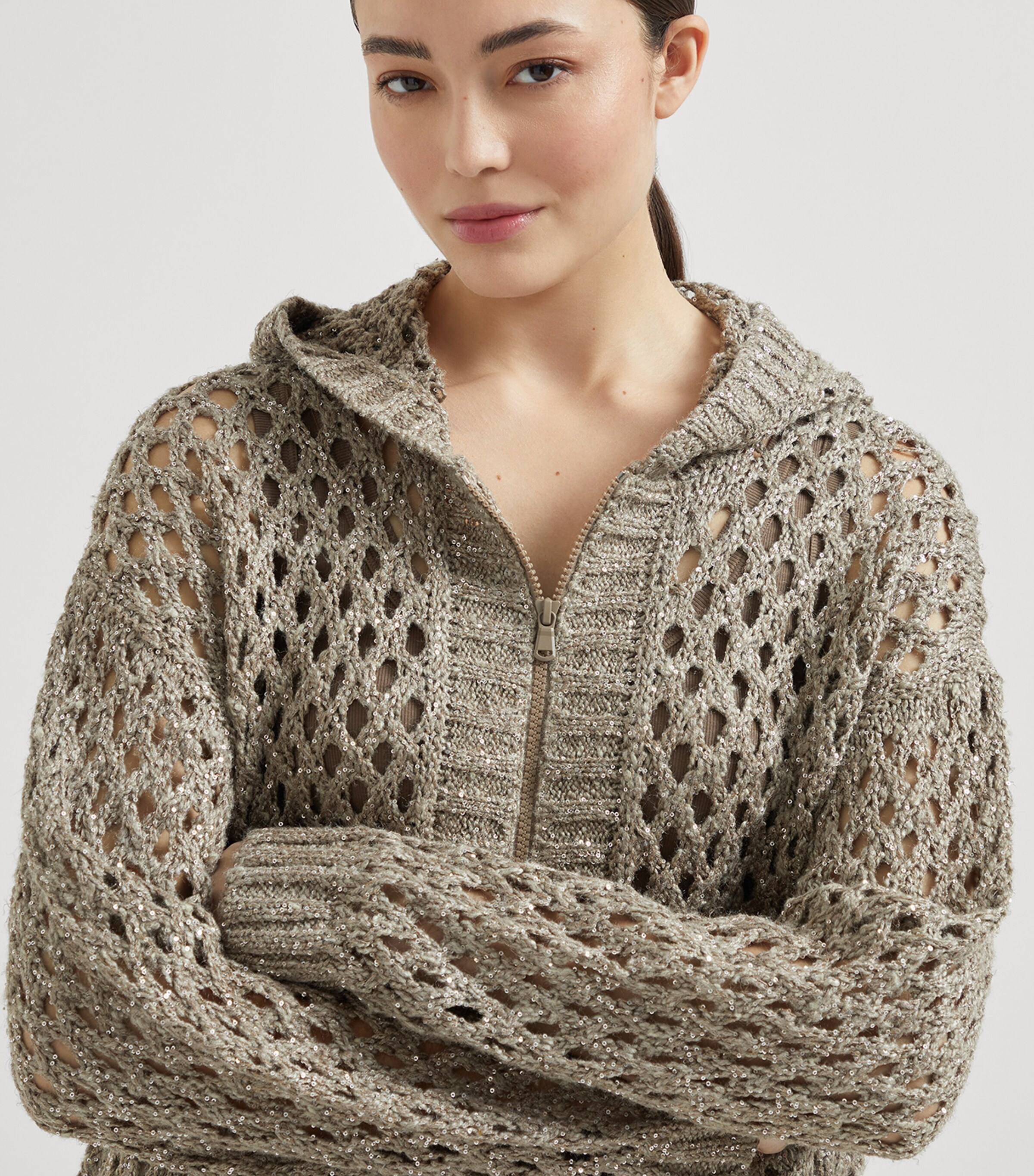 Brunello Cucinelli Womens Dazzling Netted Hooded Cardigan Image 2